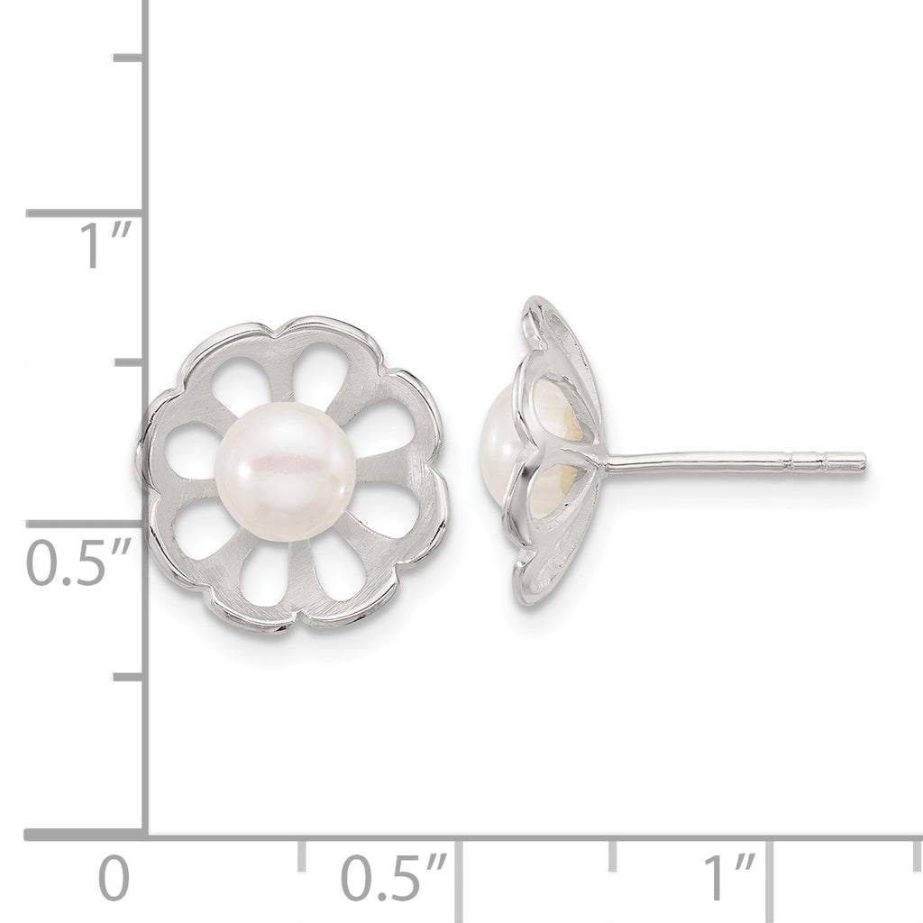 Sterling Silver Polished Flower Freshwater Cultured Pearl Post Earrings