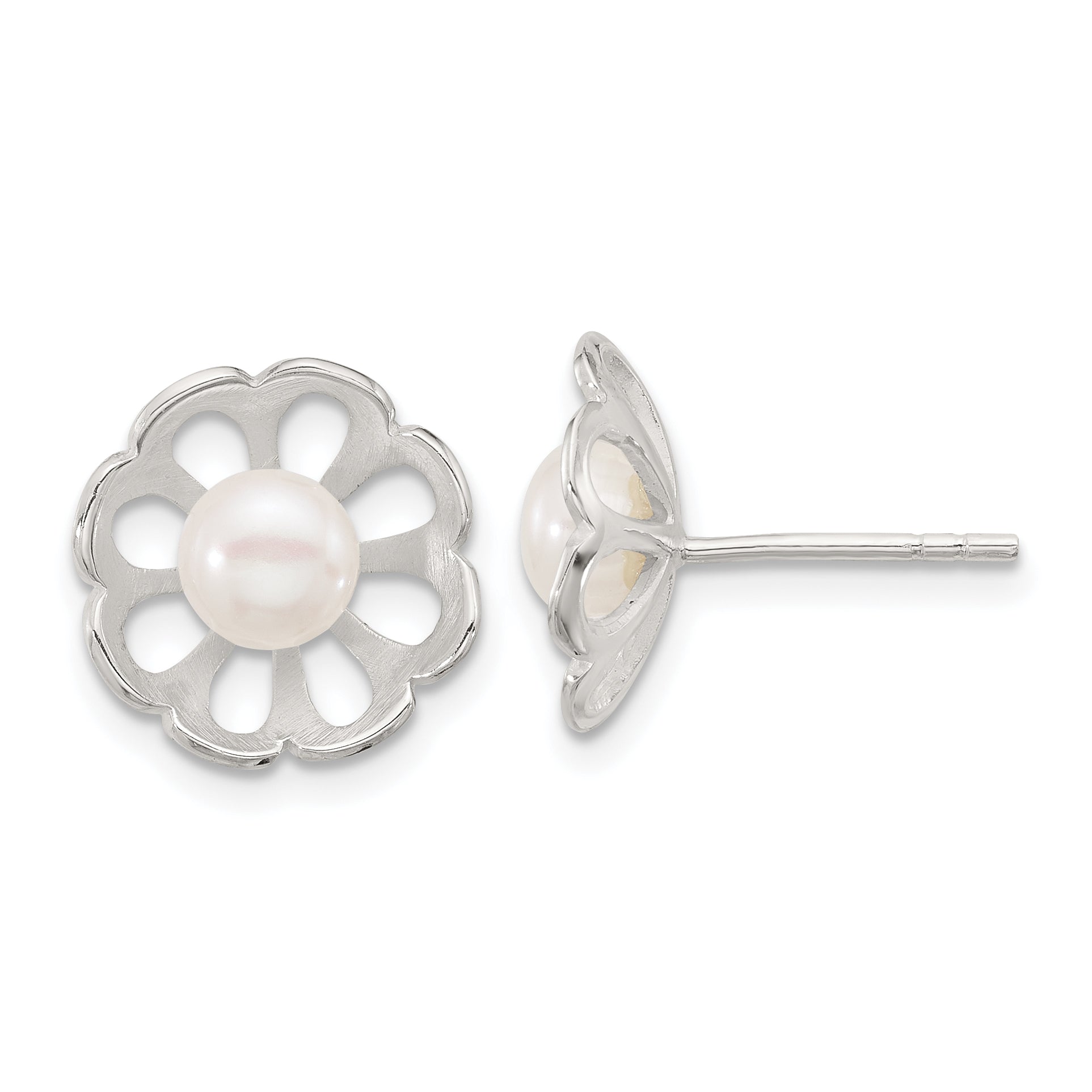 Sterling Silver Polished Flower Freshwater Cultured Pearl Post Earrings Main image