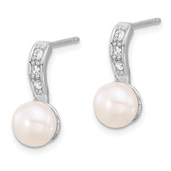 Sterling Silver Rhodium-plated 8-8.5mm White Button Freshwater Cultured Pearl and CZ Post Dangle Earrings
