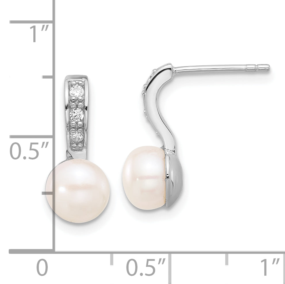 Sterling Silver Rhodium-plated 8-8.5mm White Button Freshwater Cultured Pearl and CZ Post Dangle Earrings