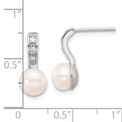 Sterling Silver Rhodium-plated 8-8.5mm White Button Freshwater Cultured Pearl and CZ Post Dangle Earrings