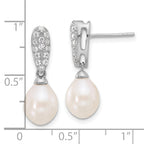 Sterling Silver Rhodium-plated 8-9mm White Teardrop Freshwater Cultured Pearl and CZ Post Dangle Earrings