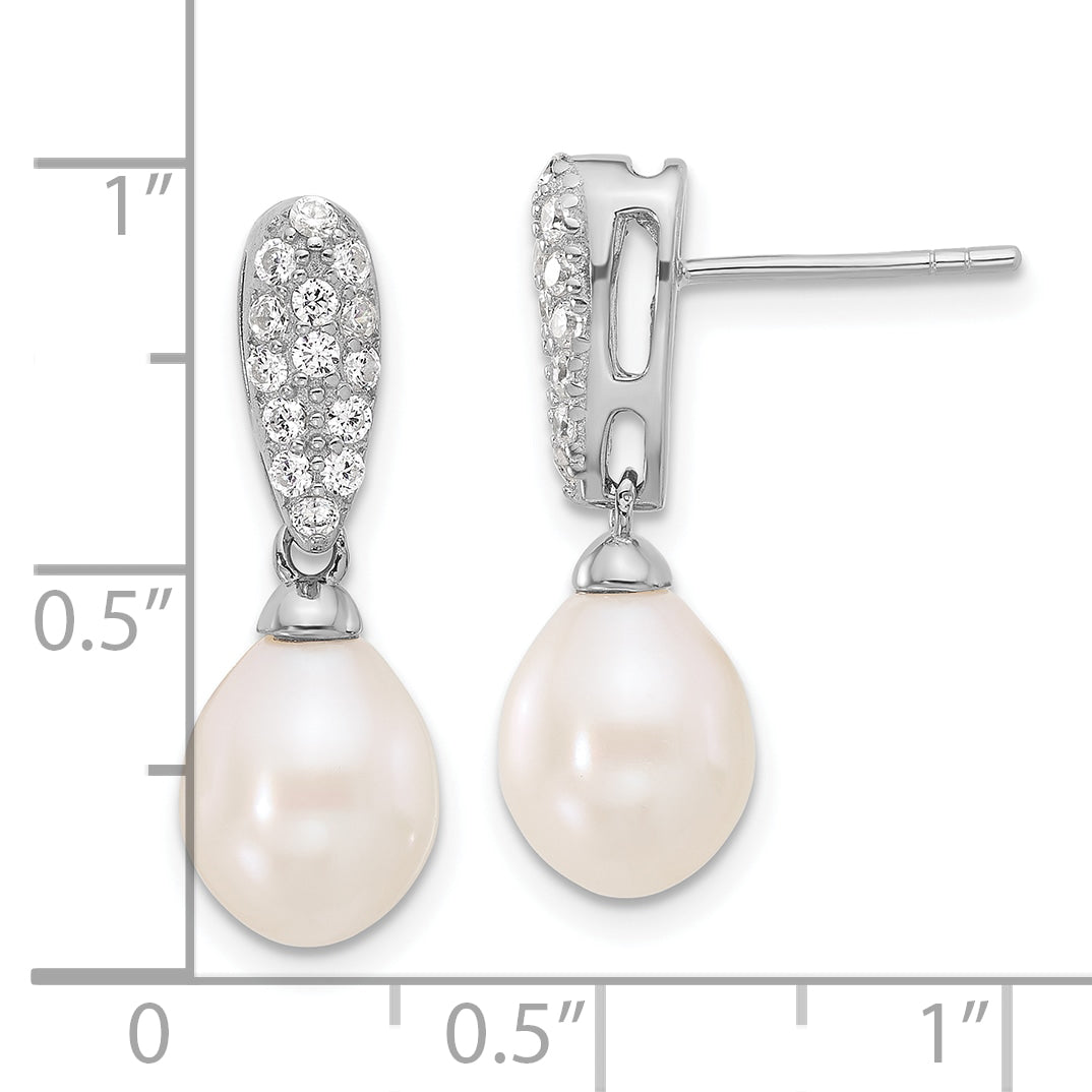 Sterling Silver Rhodium-plated 8-9mm White Teardrop Freshwater Cultured Pearl and CZ Post Dangle Earrings