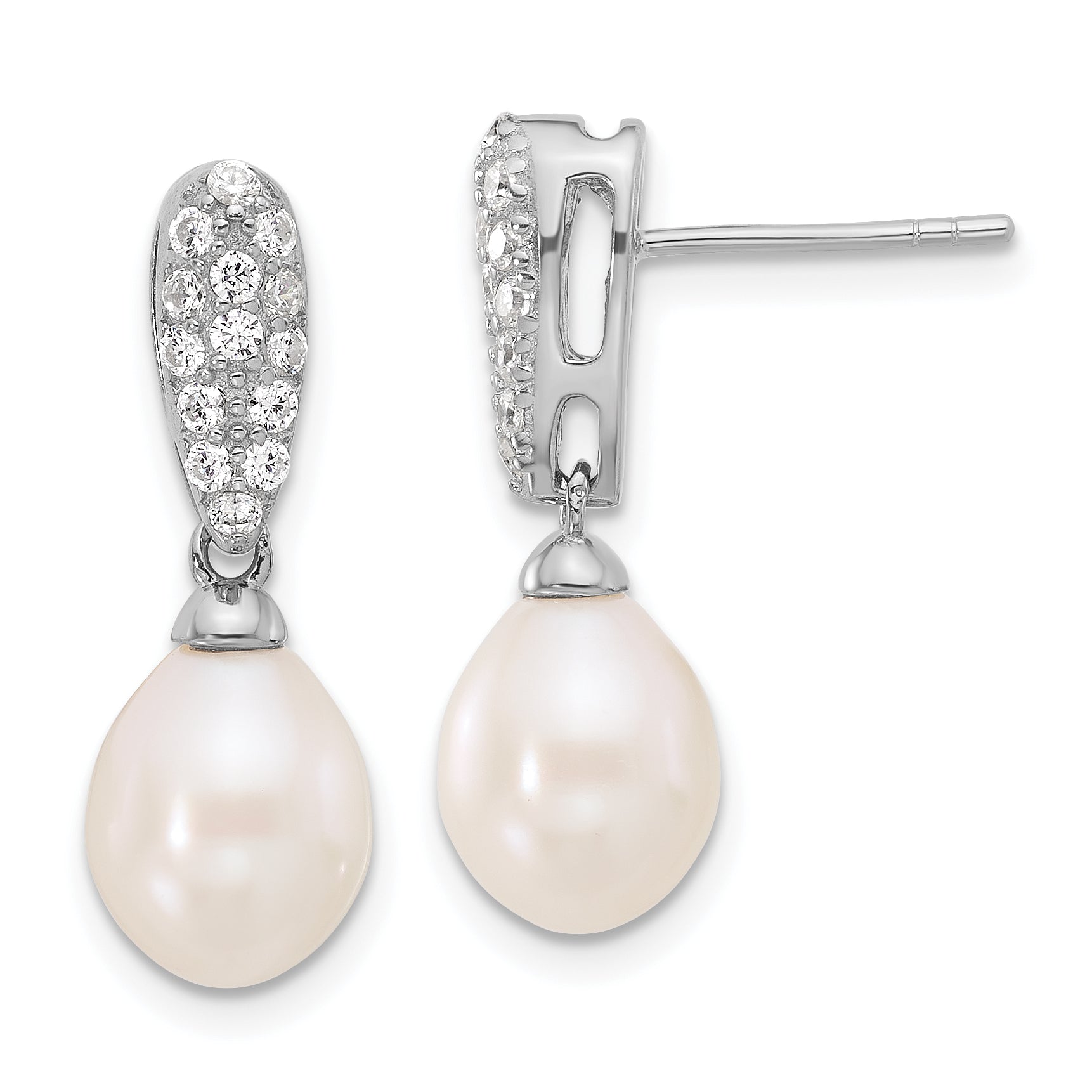 Sterling Silver Rhodium-plated 8-9mm White Teardrop Freshwater Cultured Pearl and CZ Post Dangle Earrings Main image