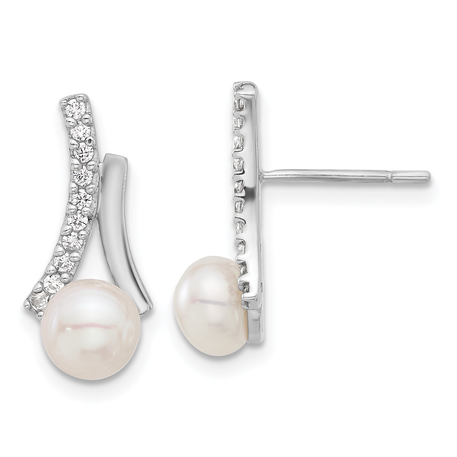 Sterling Silver Rhodium-plated CZ/Button 6mm FWC Pearl Post Earrings Main image