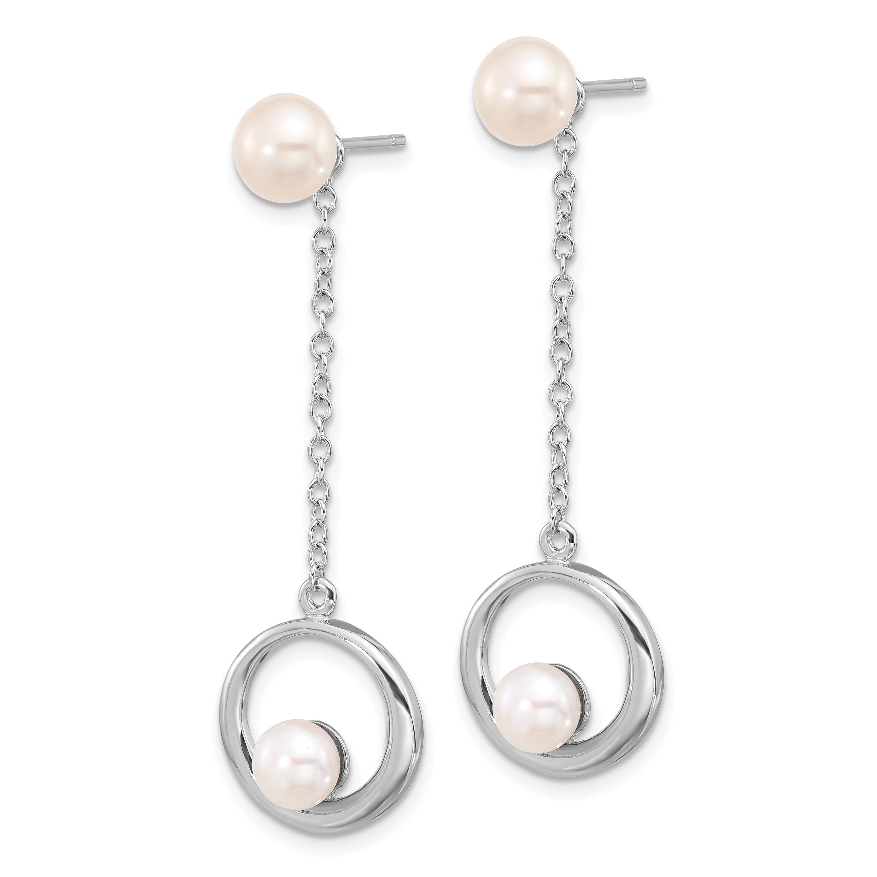 Sterling Silver Rhodium-plated 5-7mm White Button Freshwater Cultured Pearl Post Dangle Earrings Secondary image