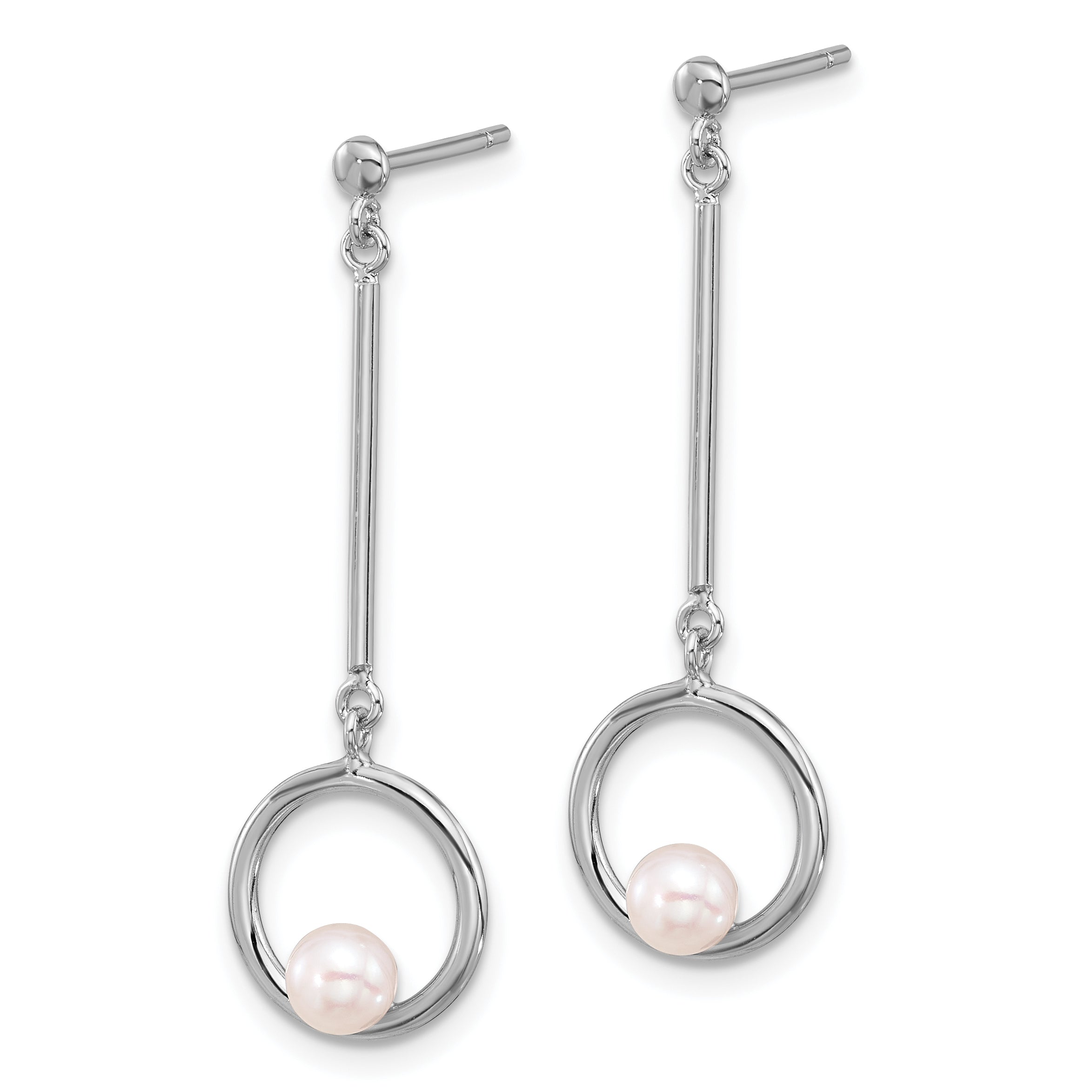 Sterling Silver Rhodium-plated 4-4.5mm White Semi-Round Freshwater Cultured Pearl Post Dangle Earrings Secondary image