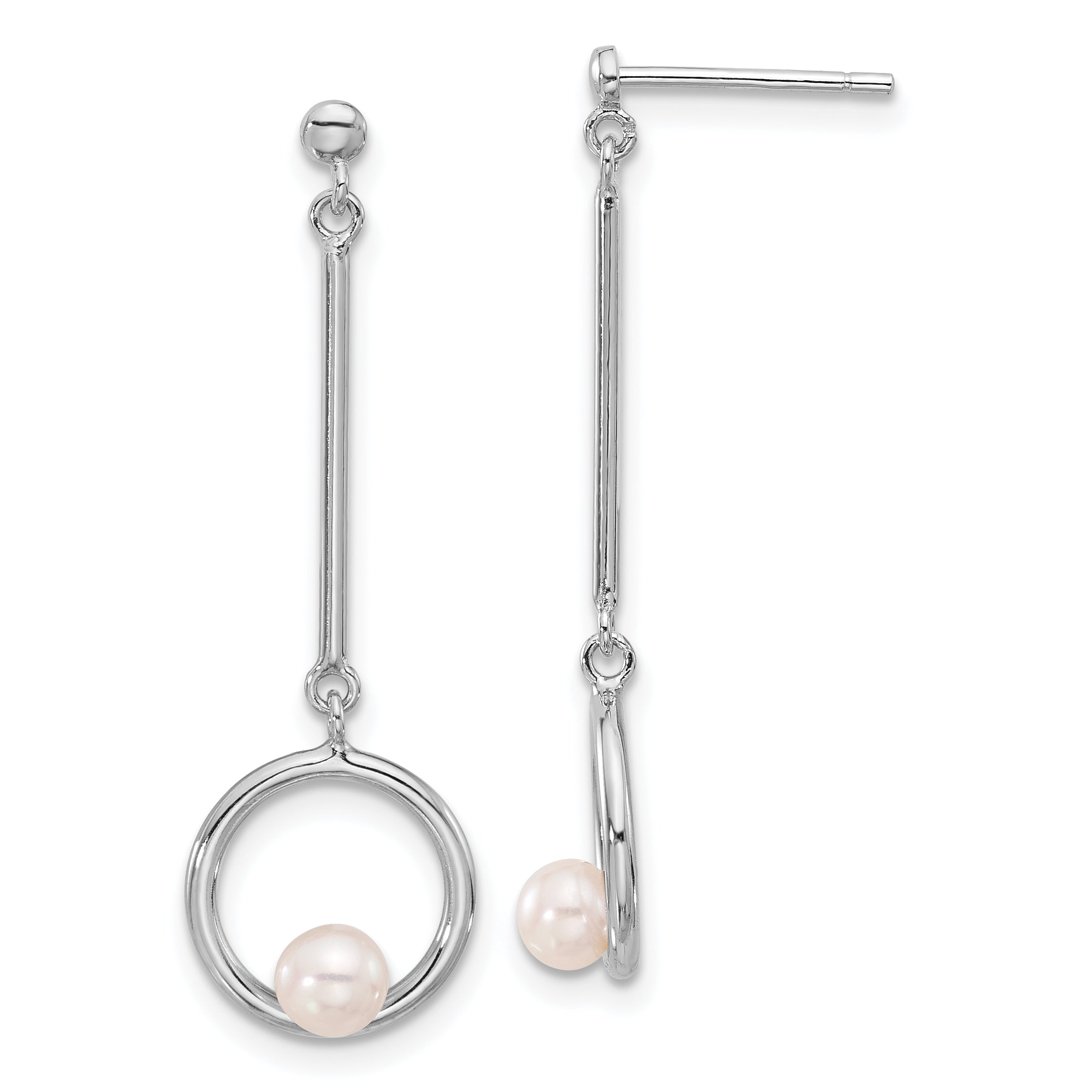 Sterling Silver Rhodium-plated 4-4.5mm White Semi-Round Freshwater Cultured Pearl Post Dangle Earrings Main image