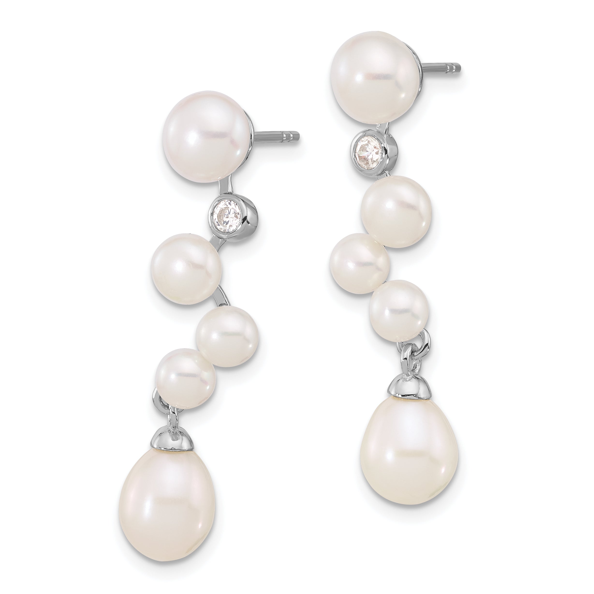 Sterling Silver Rhodium-plated 7-8/4-7mm White Rice and Button Freshwater Cultured Pearl and CZ Post Dangle Earrings Secondary image