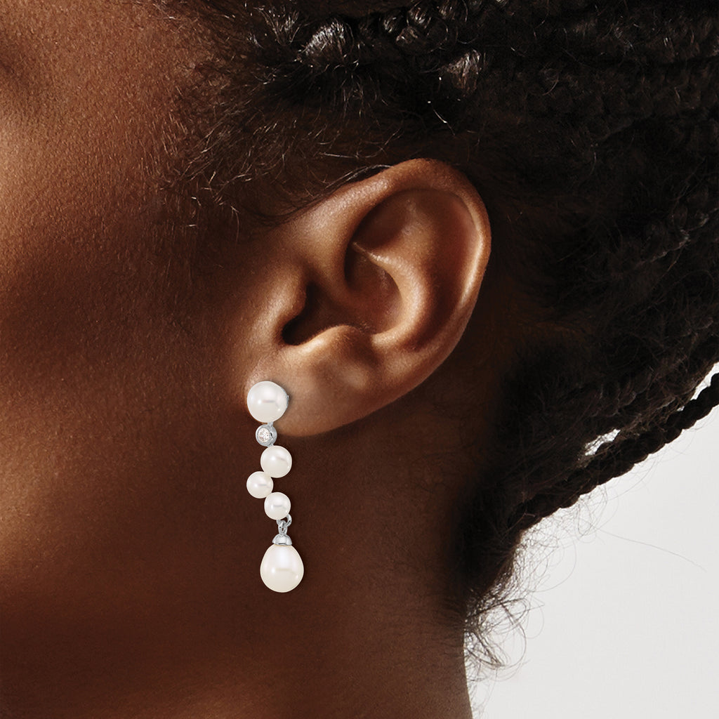 Sterling Silver Rhodium-plated 7-8/4-7mm White Rice and Button Freshwater Cultured Pearl and CZ Post Dangle Earrings