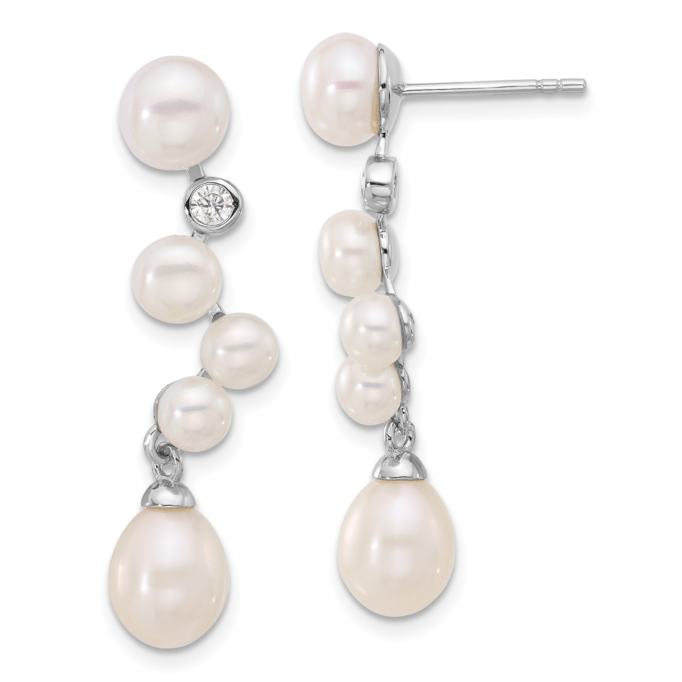 Sterling Silver Rhodium-plated 7-8/4-7mm White Rice and Button Freshwater Cultured Pearl and CZ Post Dangle Earrings Main image