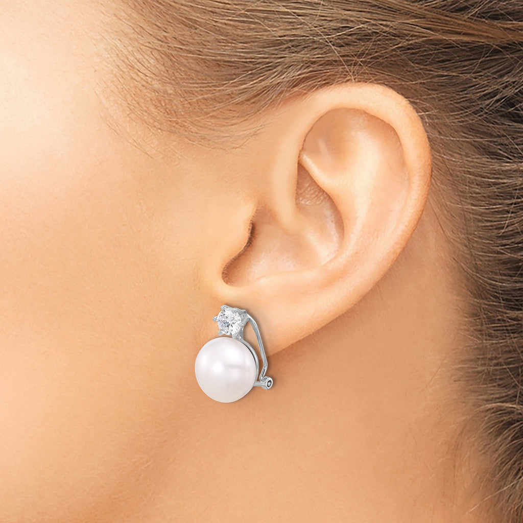 Sterling Silver Rhodium-plated 12-13mm White Freshwater Cultured Pearl and CZ Omega Back Earrings