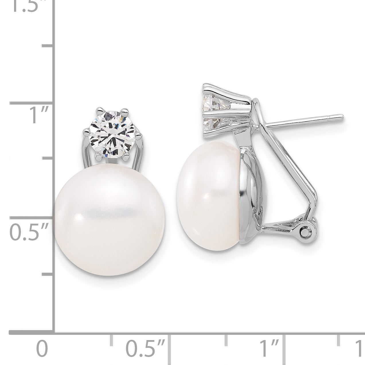 Sterling Silver Rhodium-plated 12-13mm White Freshwater Cultured Pearl and CZ Omega Back Earrings
