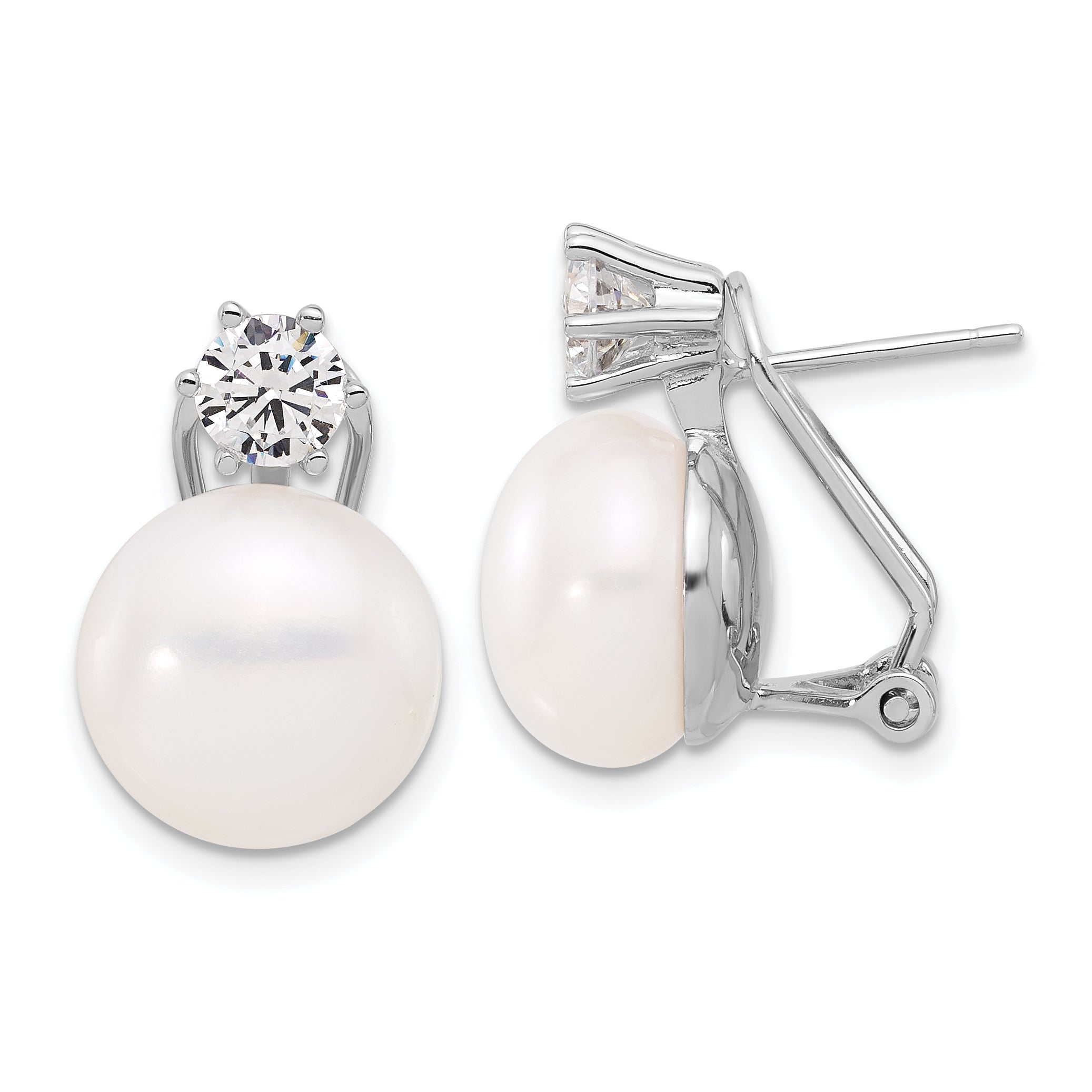 Sterling Silver Rhodium-plated 12-13mm White Freshwater Cultured Pearl and CZ Omega Back Earrings Main image