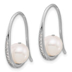 Sterling Silver Rhodium-plated 8-8.5mm White Semi-Round Freshwater Cultured Pearl and CZ Shepherd Hook Earrings