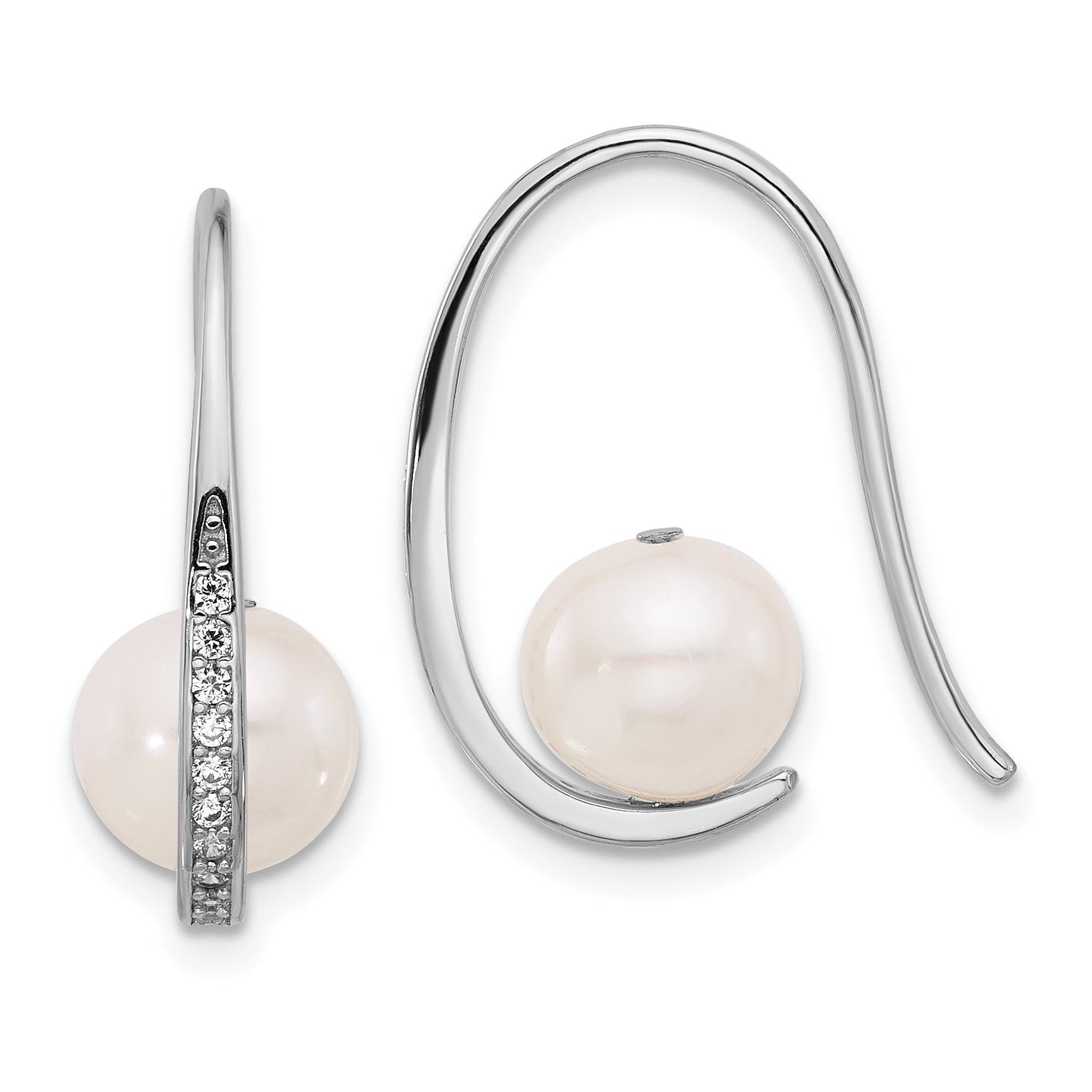 Sterling Silver Rhodium-plated 8-8.5mm White Semi-Round Freshwater Cultured Pearl and CZ Shepherd Hook Earrings Main image