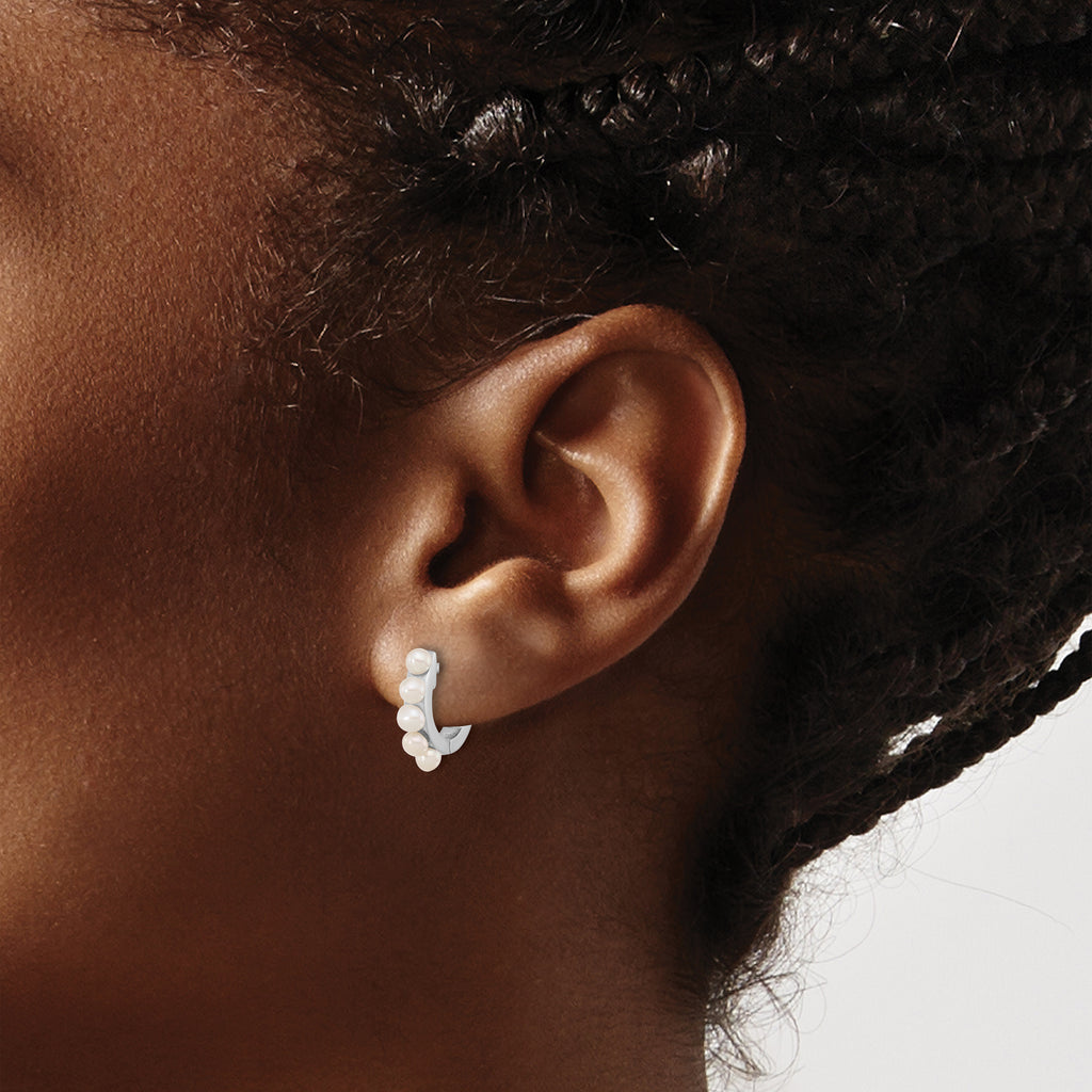 Sterling Silver Rhodium-plated 2.5-3mm White Button Freshwater Cultured Pearl Hinged Hoop Earrings