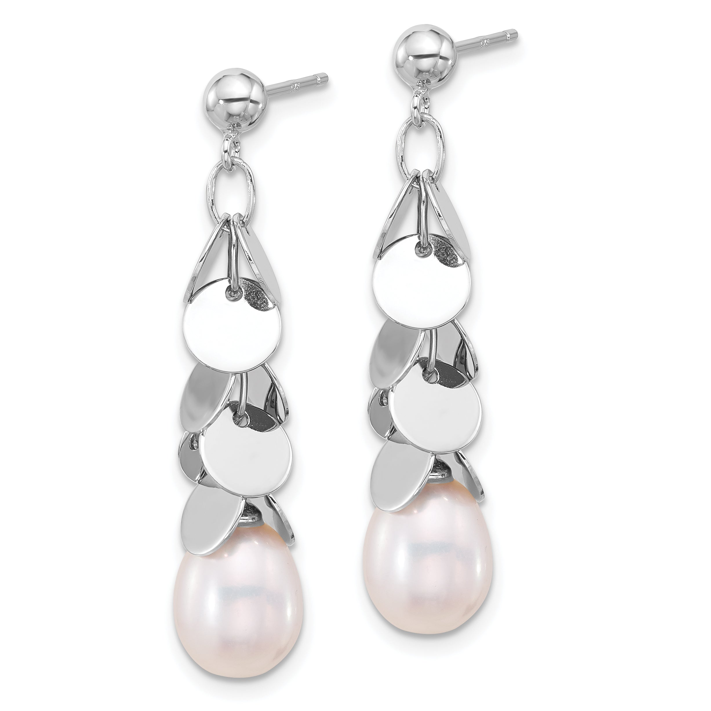 Sterling Silver Rhodium-plated 7-8mm White Teardrop Freshwater Cultured Pearl Post Dangle Earrings Secondary image