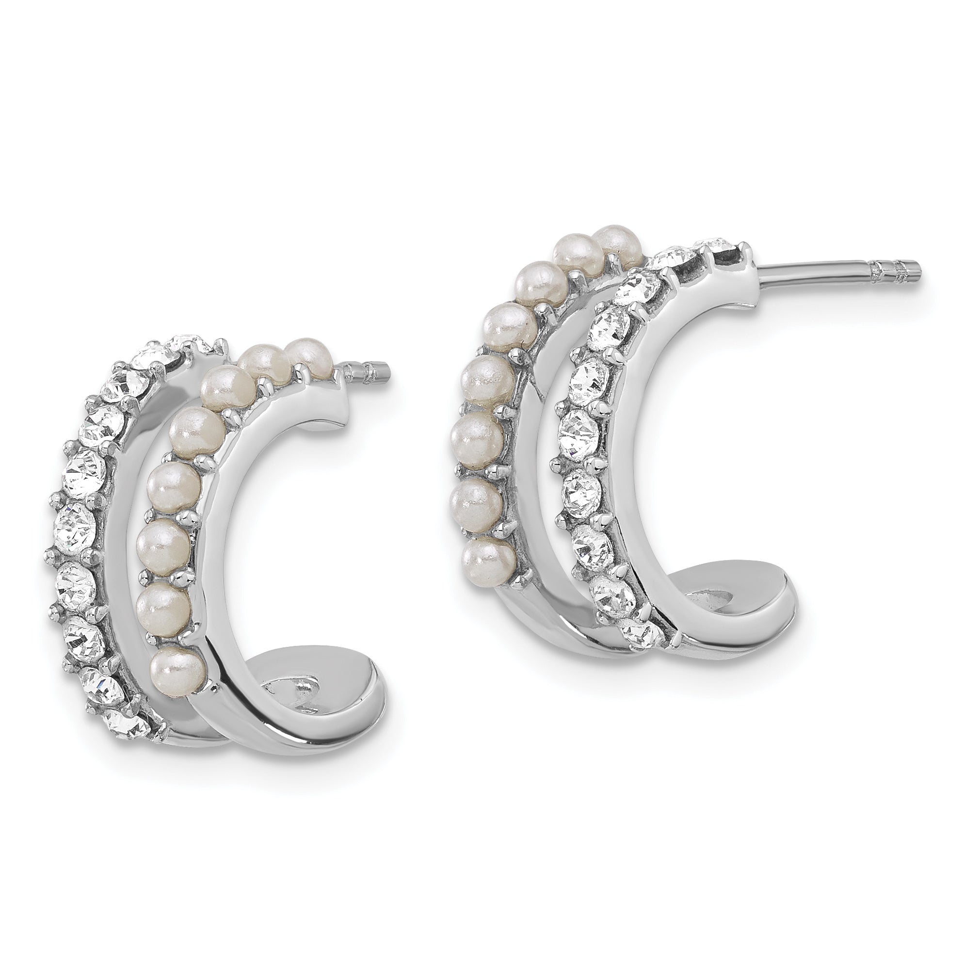 Sterling Silver RH-plated FWC Pearl and Crystal Double Post Hoop Earrings Secondary image