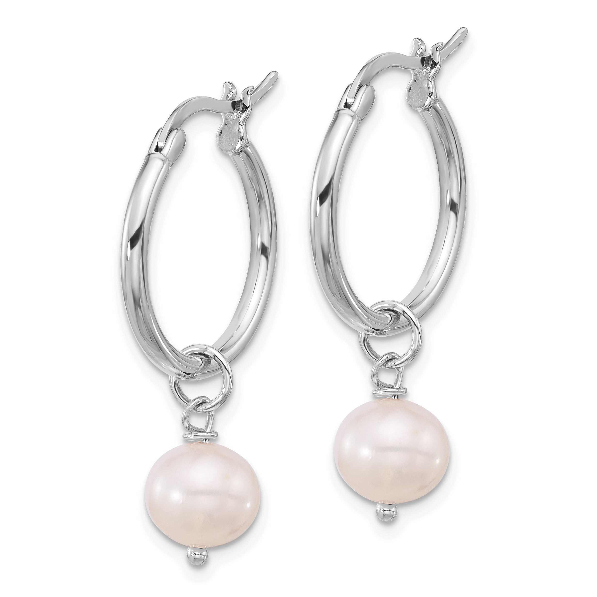 Sterling Silver Rhodium-plated 8-9mm White Near-Round Freshwater Cultured Pearl Dangle Hoop Earrings