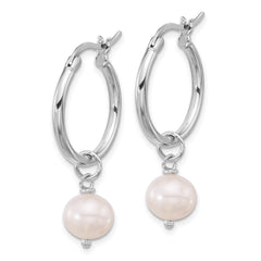 Sterling Silver Rhodium-plated 8-9mm White Near-Round Freshwater Cultured Pearl Dangle Hoop Earrings