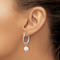 Sterling Silver Rhodium-plated 8-9mm White Near-Round Freshwater Cultured Pearl Dangle Hoop Earrings