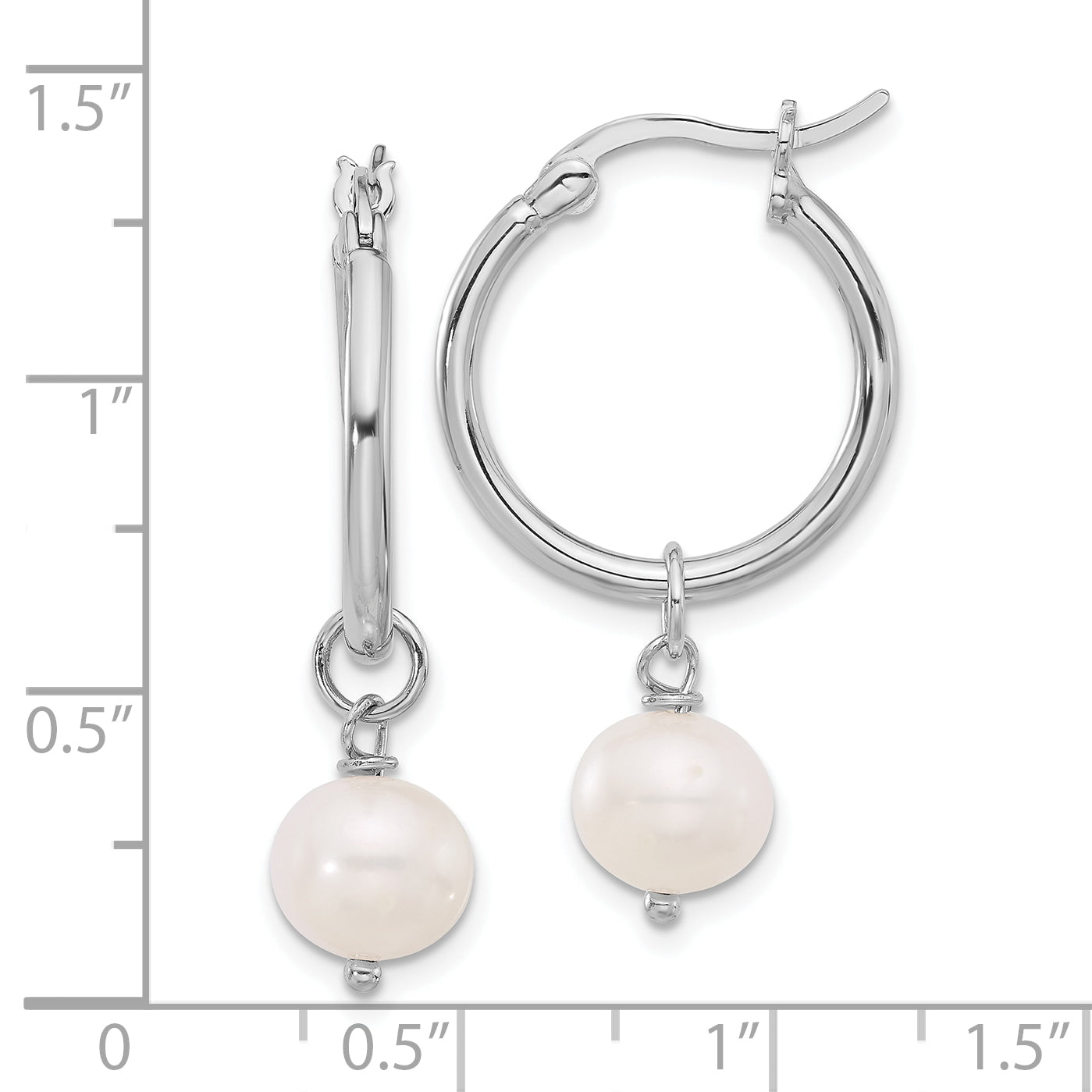 Sterling Silver Rhodium-plated 8-9mm White Near-Round Freshwater Cultured Pearl Dangle Hoop Earrings