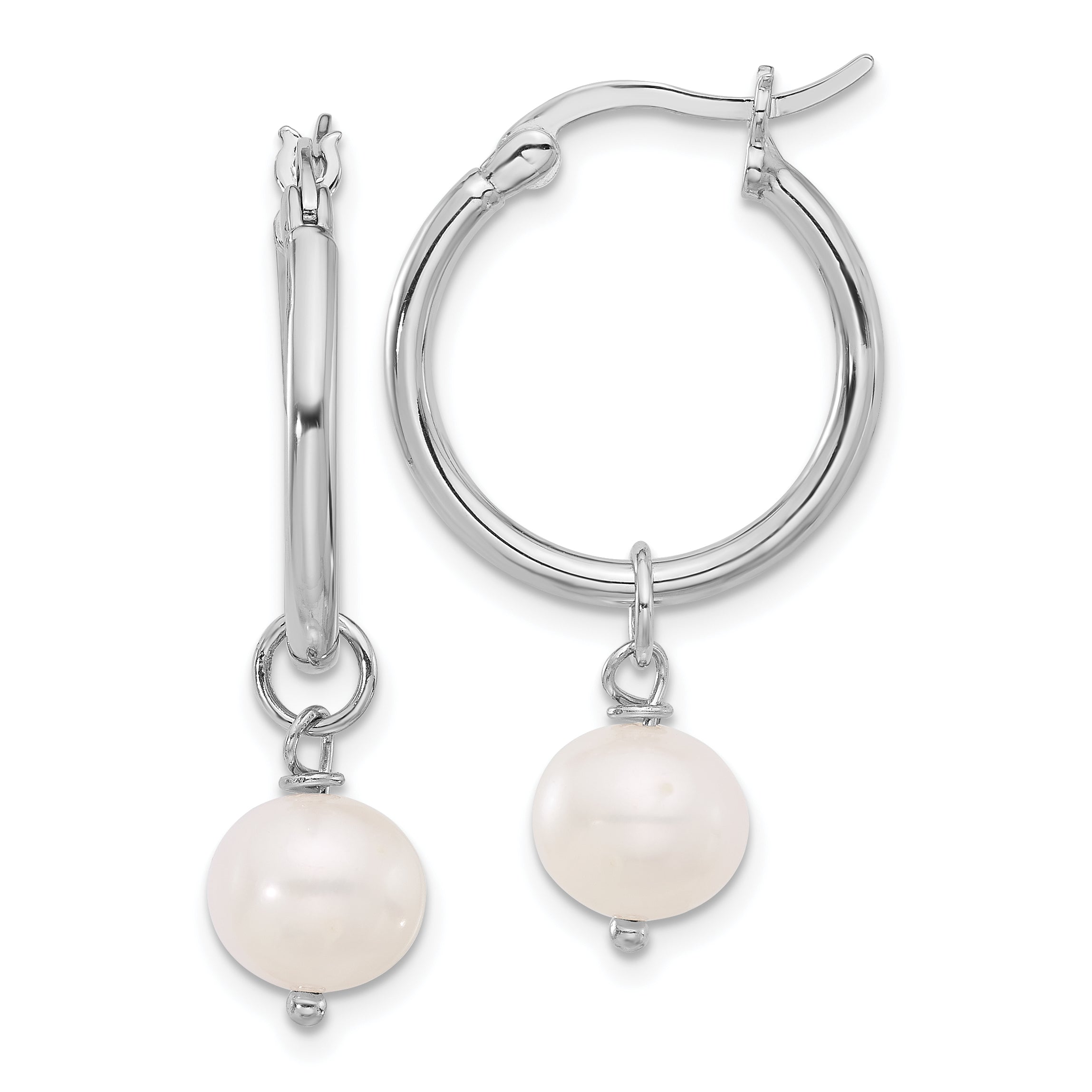 Sterling Silver Rhodium-plated 8-9mm White Near-Round Freshwater Cultured Pearl Dangle Hoop Earrings Main image