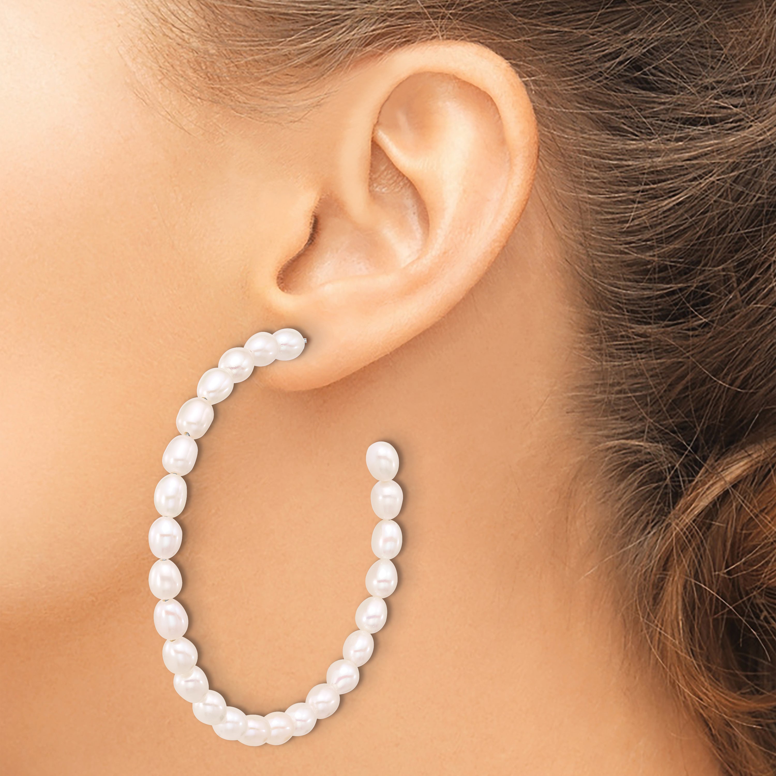 Sterling Silver Rhodium-plated 5-6mm White Rice Freshwater Cultured Pearl Post C-Hoop Earrings