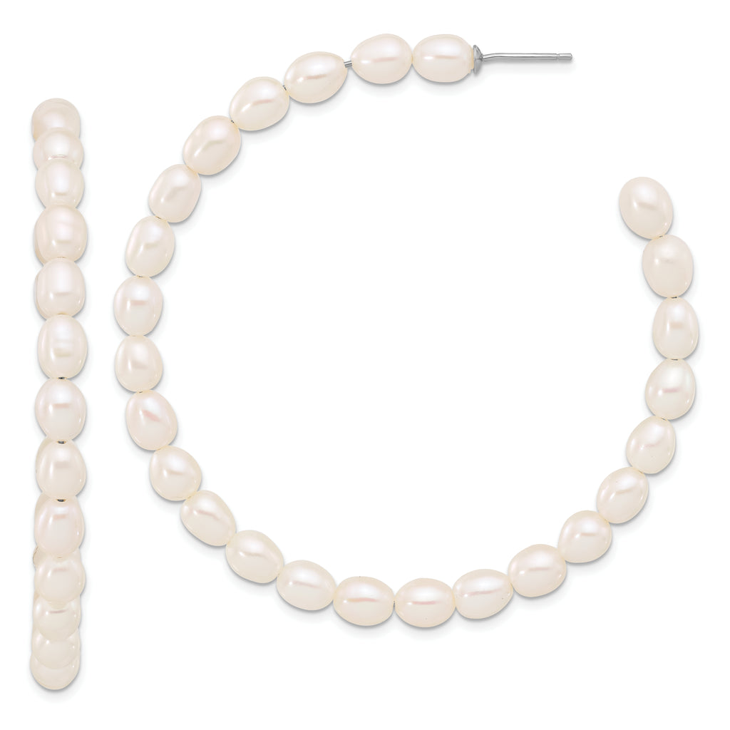 Sterling Silver Rhodium-plated 5-6mm White Rice Freshwater Cultured Pearl Post C-Hoop Earrings