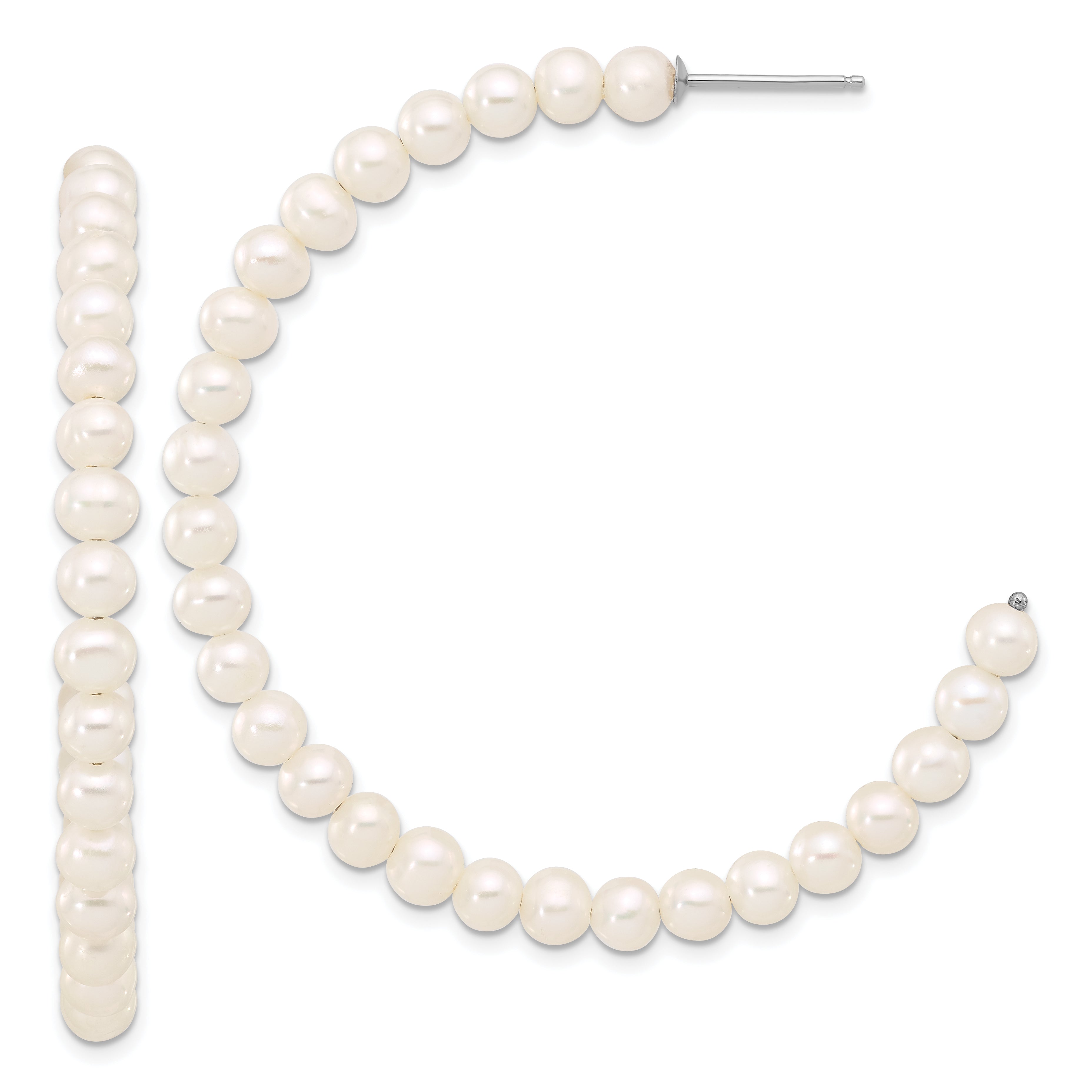 Sterling Silver Rhodium-plated 4-5mm White Semi-Round Freshwater Cultured Pearl C-Hoop Earrings