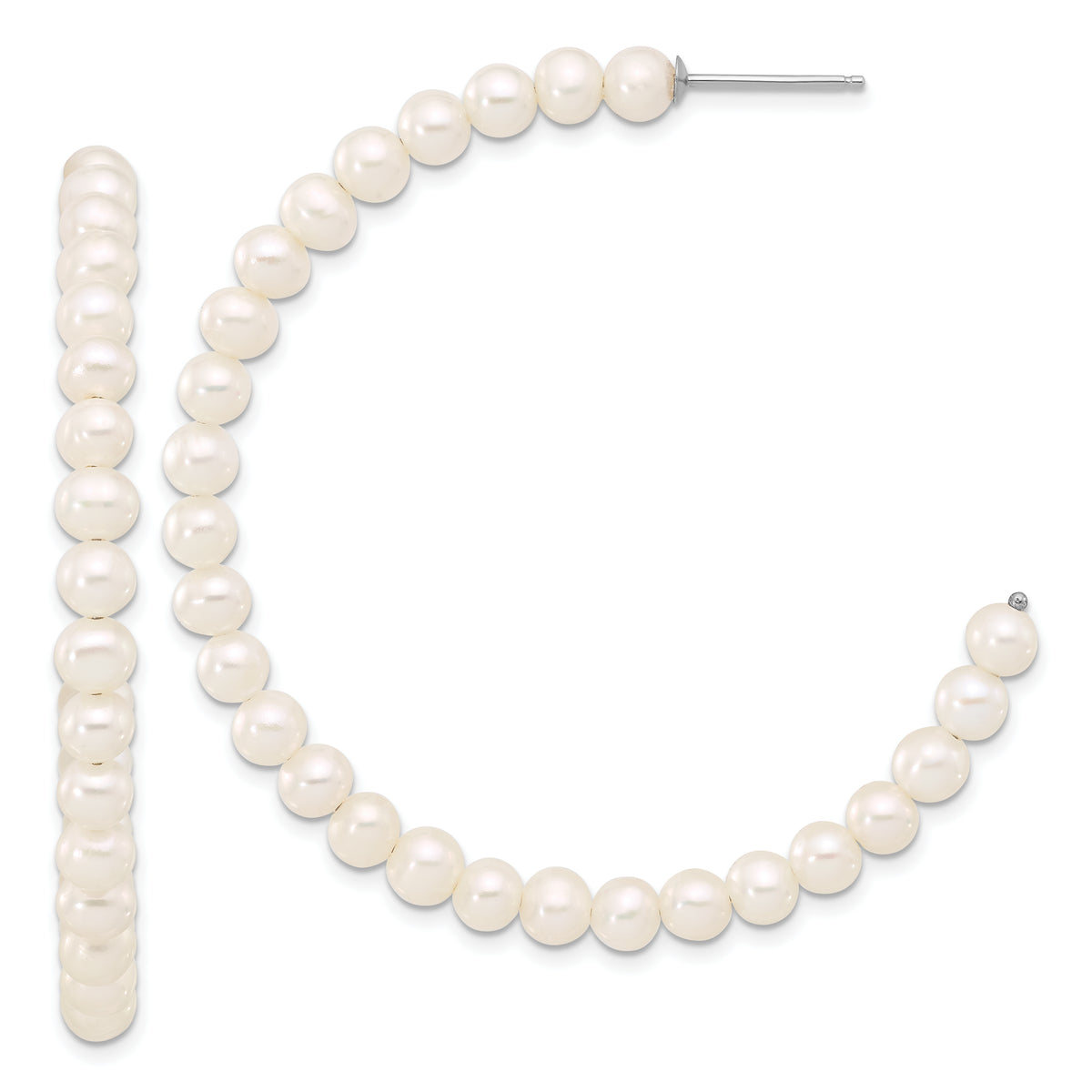 Sterling Silver Rhodium-plated 4-5mm White Semi-Round Freshwater Cultured Pearl C-Hoop Earrings