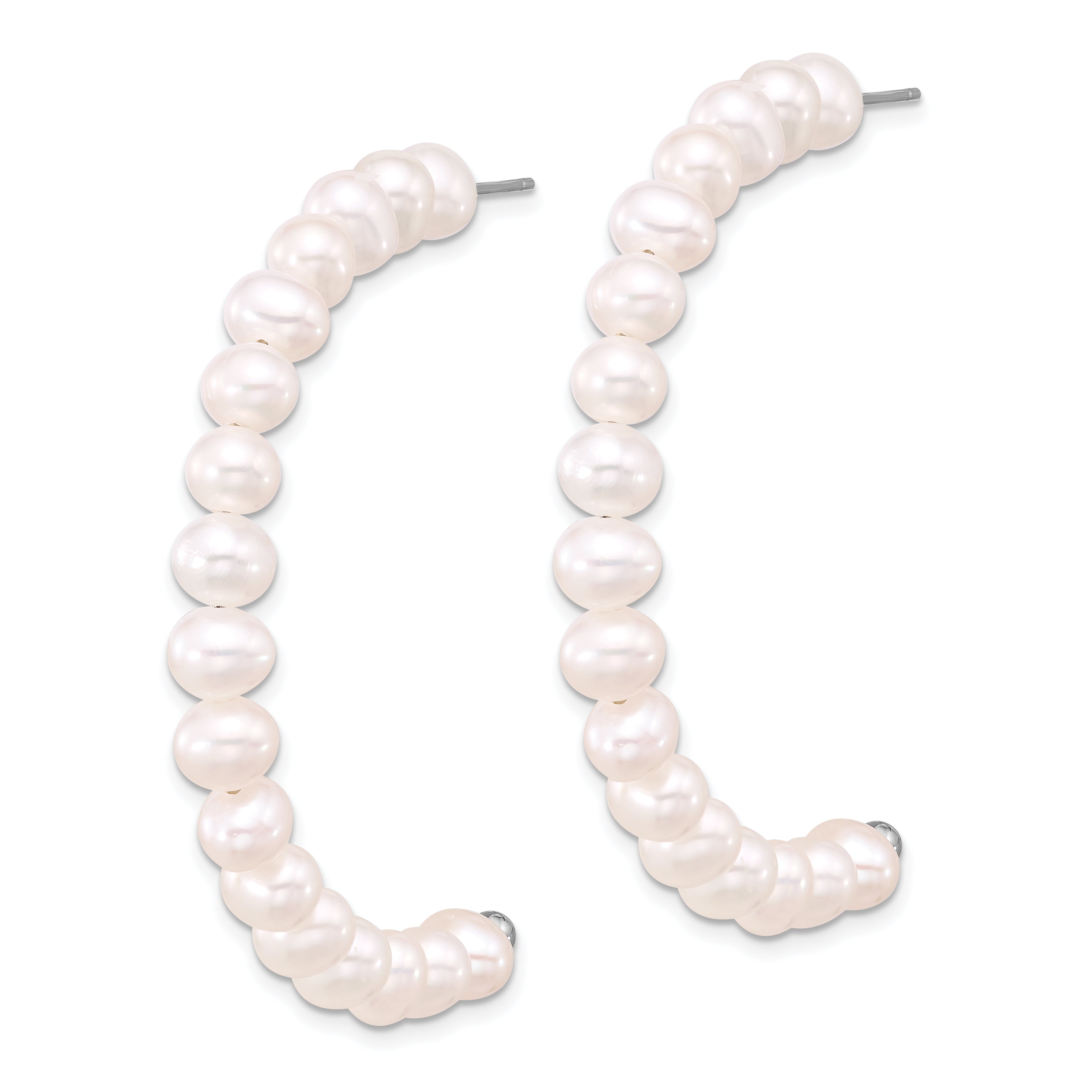 Sterling Silver Rhodium-plated 5-6mm White Semi-Round Freshwater Cultured Pearl Post J-Hoop Earrings