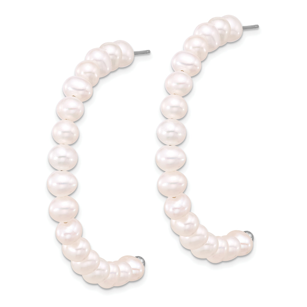 Sterling Silver Rhodium-plated 5-6mm White Semi-Round Freshwater Cultured Pearl Post J-Hoop Earrings