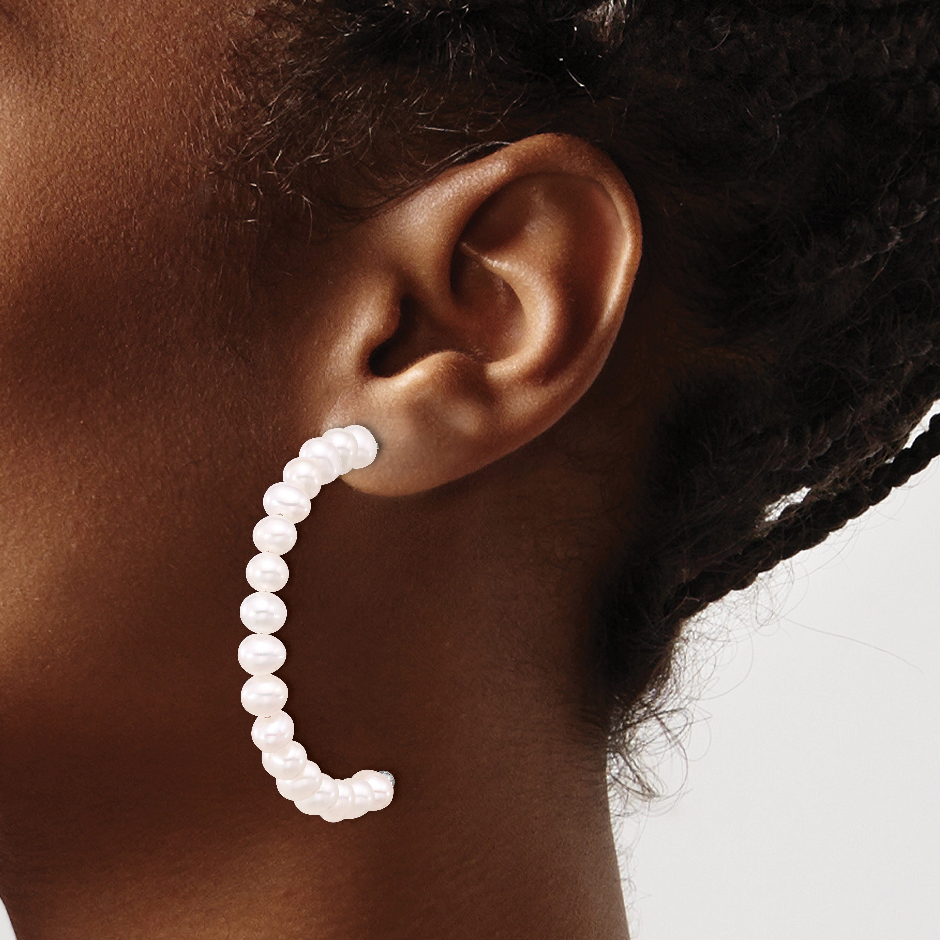 Sterling Silver Rhodium-plated 5-6mm White Semi-Round Freshwater Cultured Pearl Post J-Hoop Earrings