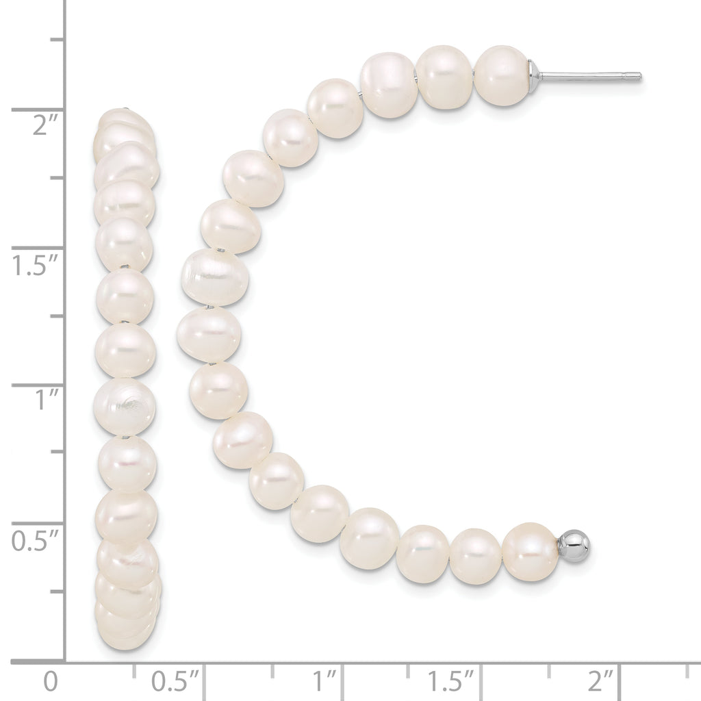 Sterling Silver Rhodium-plated 5-6mm White Semi-Round Freshwater Cultured Pearl Post J-Hoop Earrings