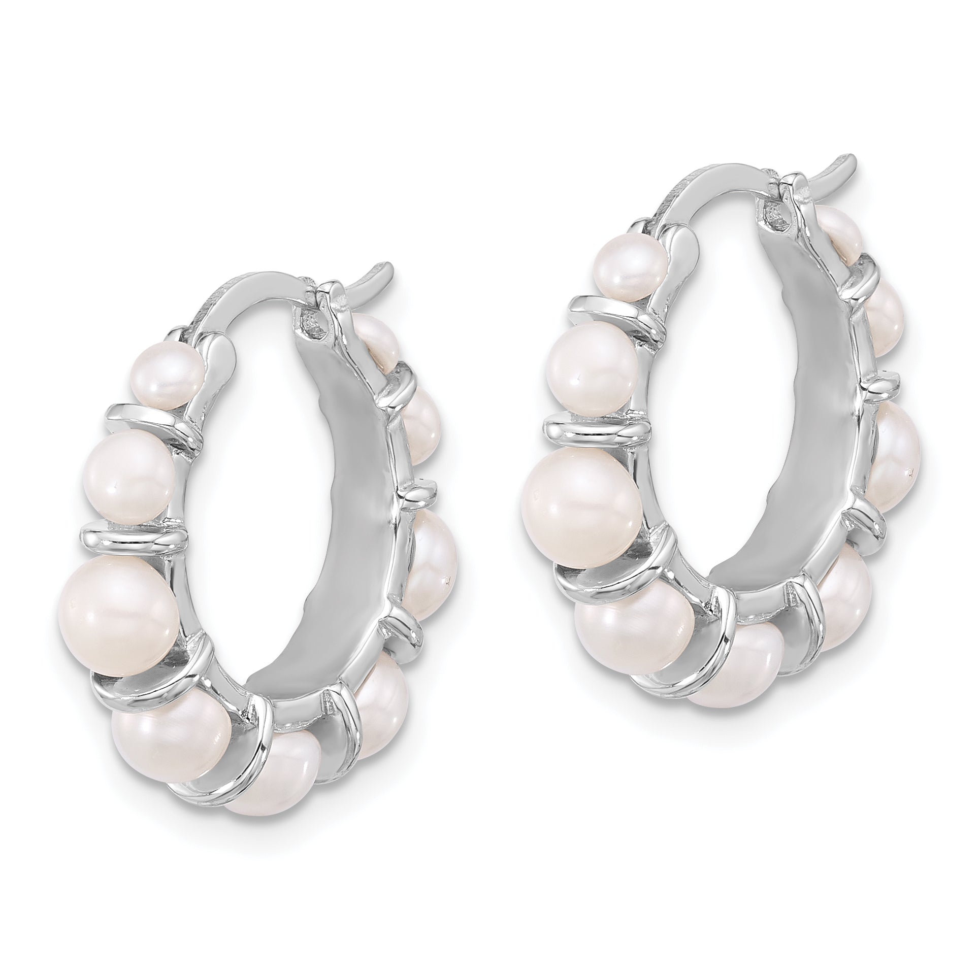Sterling Silver Rhodium-plated 2-5mm White Button Freshwater Cultured Pearl Round Hoop Earrings Secondary image