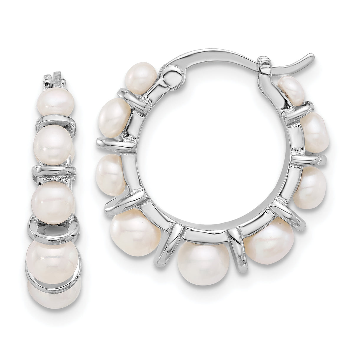 Sterling Silver Rhodium-plated 2-5mm White Button Freshwater Cultured Pearl Round Hoop Earrings