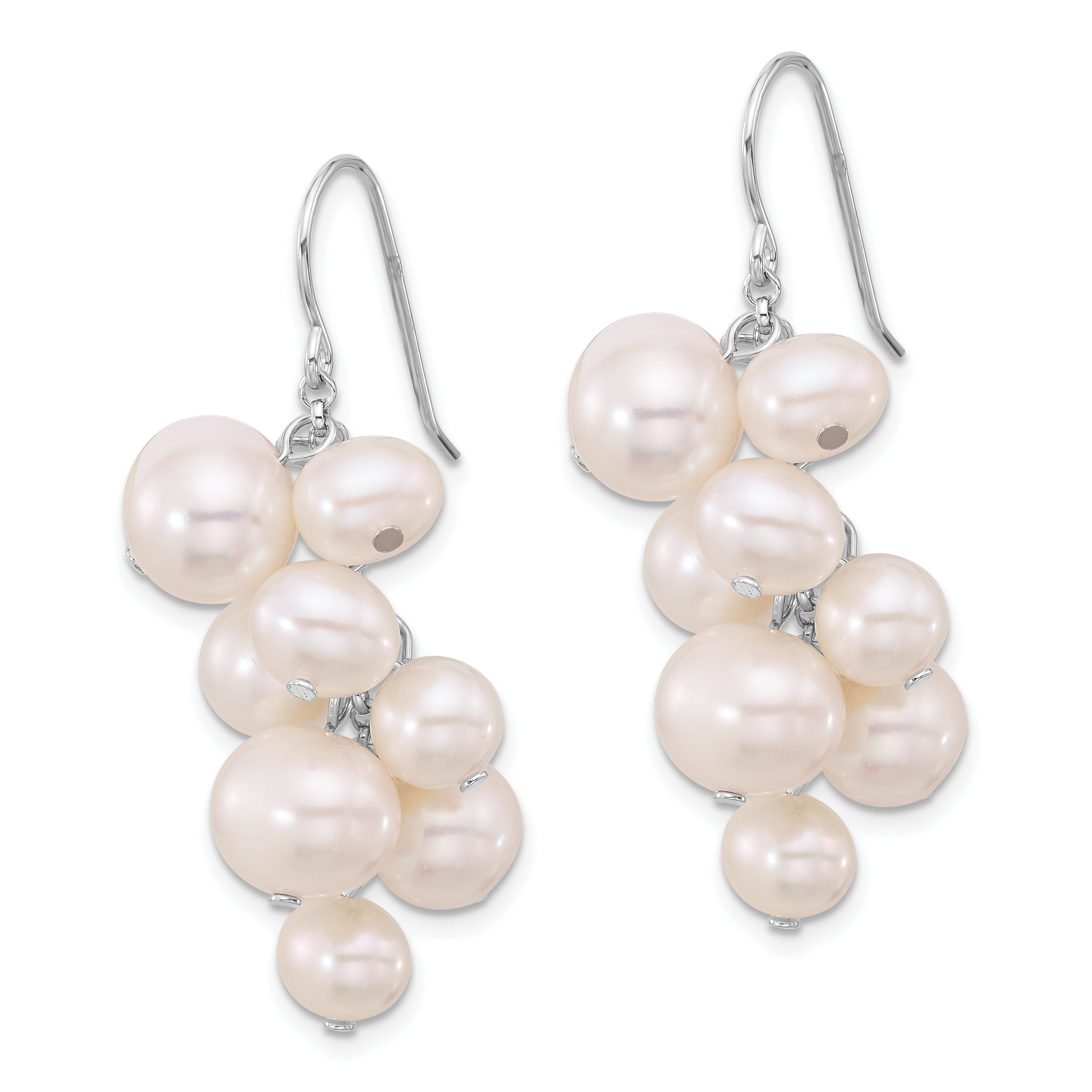 Sterling Silver Rhodium-plated 6-10mm White Near-Round Freshwater Cultured Pearl Dangle Earrings Secondary image