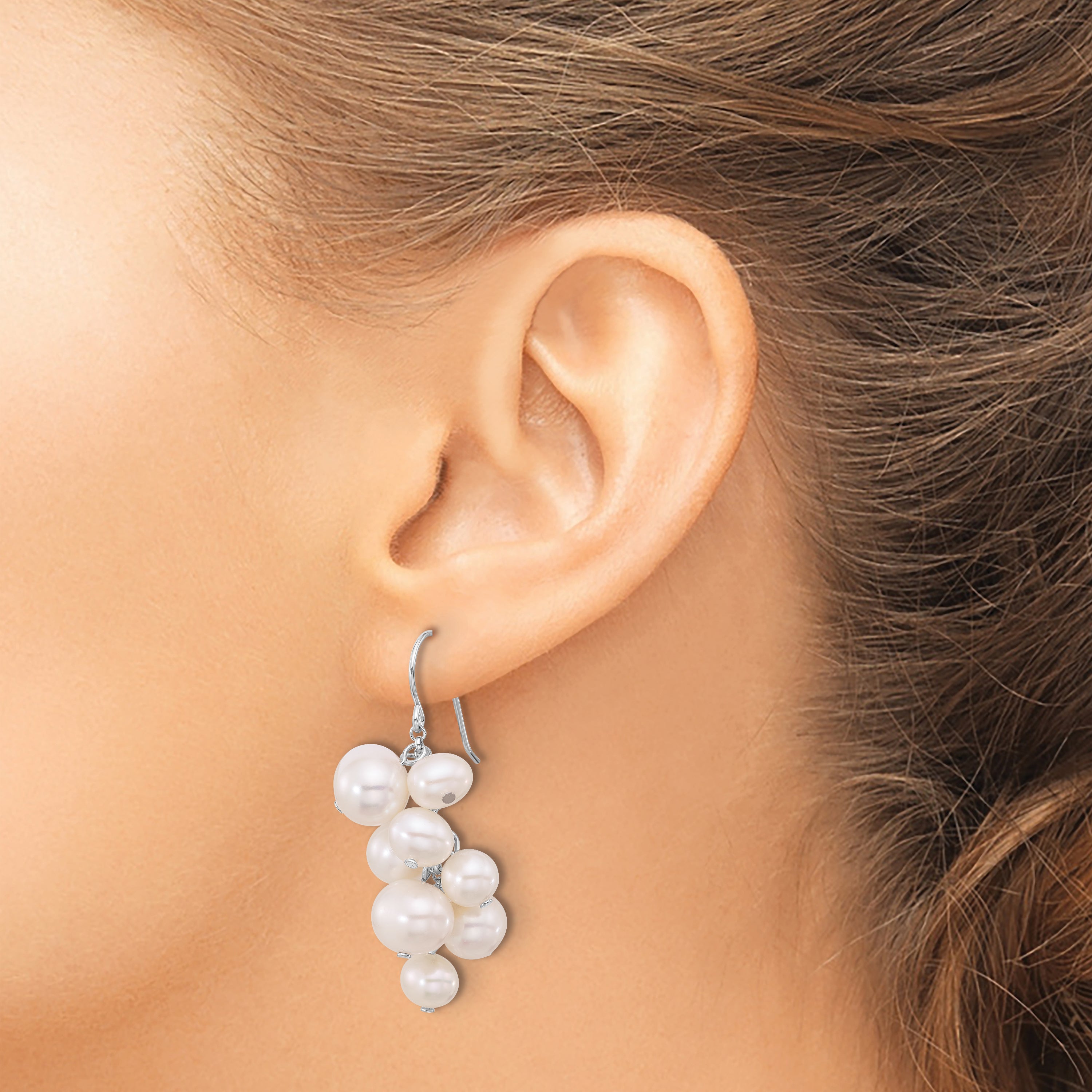 Sterling Silver Rhodium-plated 6-10mm White Near-Round Freshwater Cultured Pearl Dangle Earrings