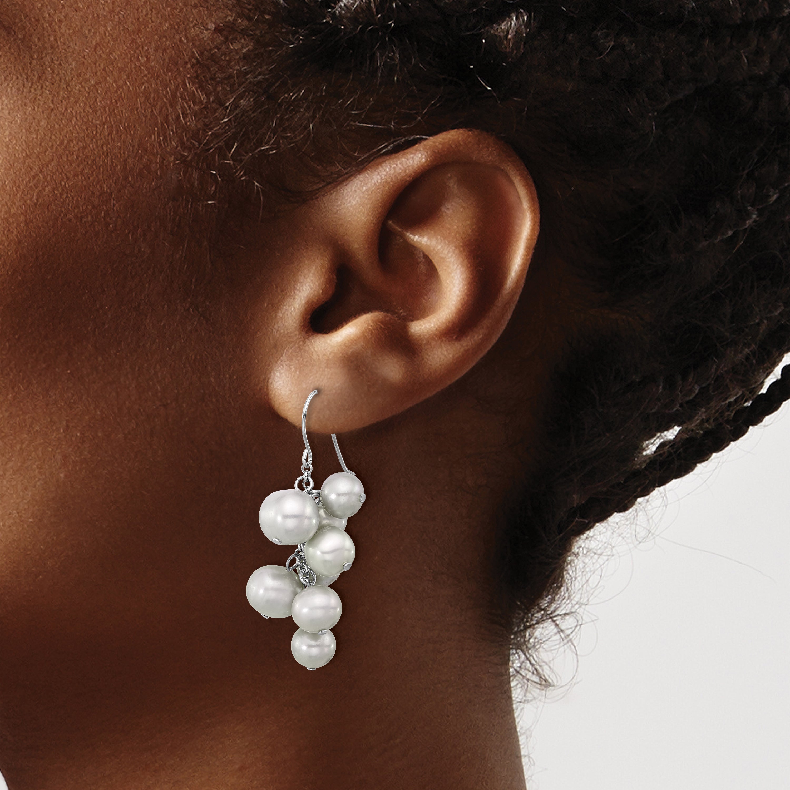 Sterling Silver Rhodium-plated 6-10mm Grey Near-Round Freshwater Cultured Pearl Dangle Earrings