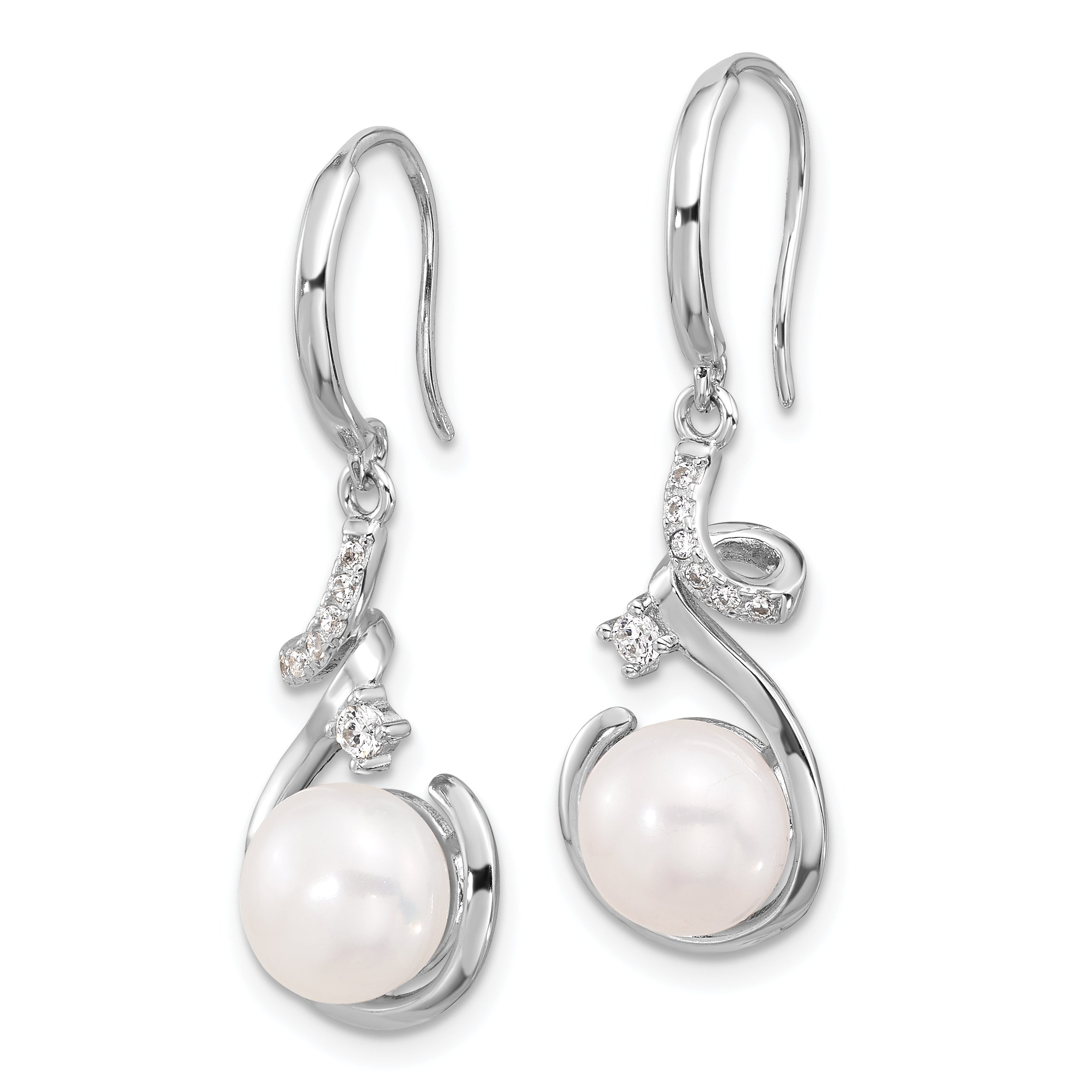 Sterling Silver RH-plat Polished 8-8.5mm FWC Pearl and CZ Dangle Earrings Secondary image