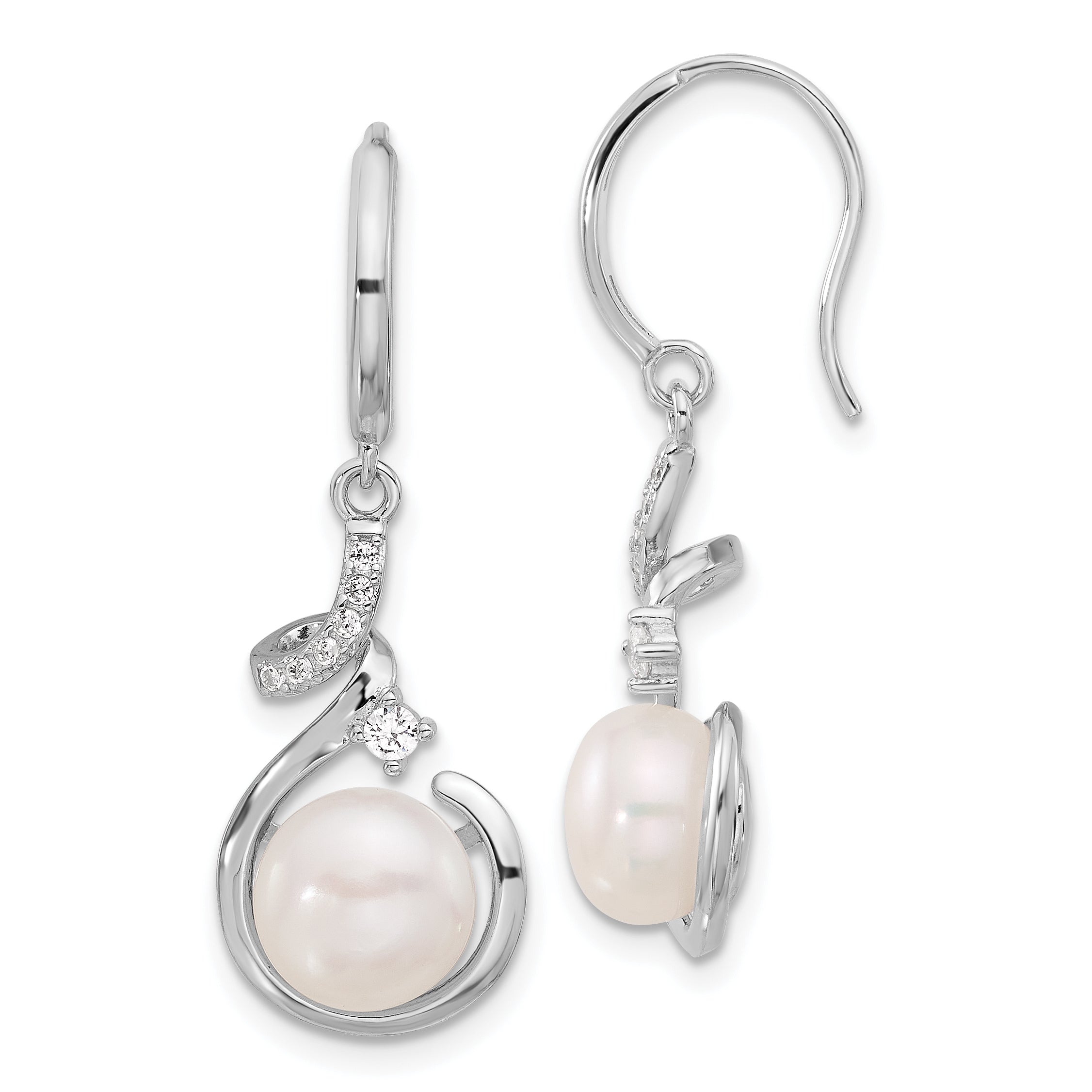 Sterling Silver RH-plat Polished 8-8.5mm FWC Pearl and CZ Dangle Earrings Main image