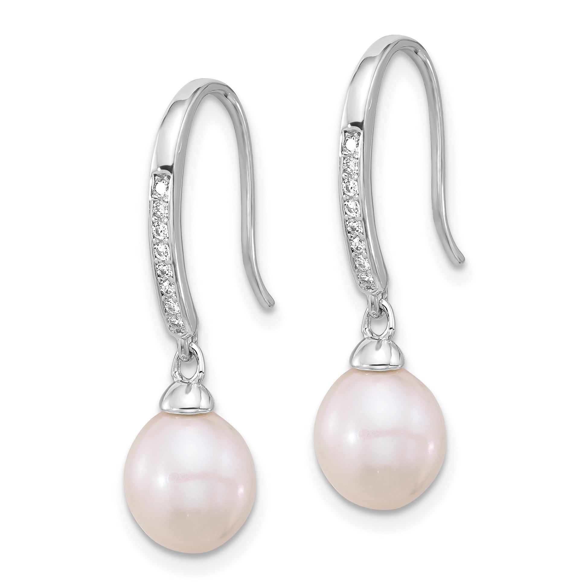 Sterling Silver Rhodium-plated 7-8mm White Teardrop Freshwater Cultured Pearl and CZ Dangle Earrings Secondary image