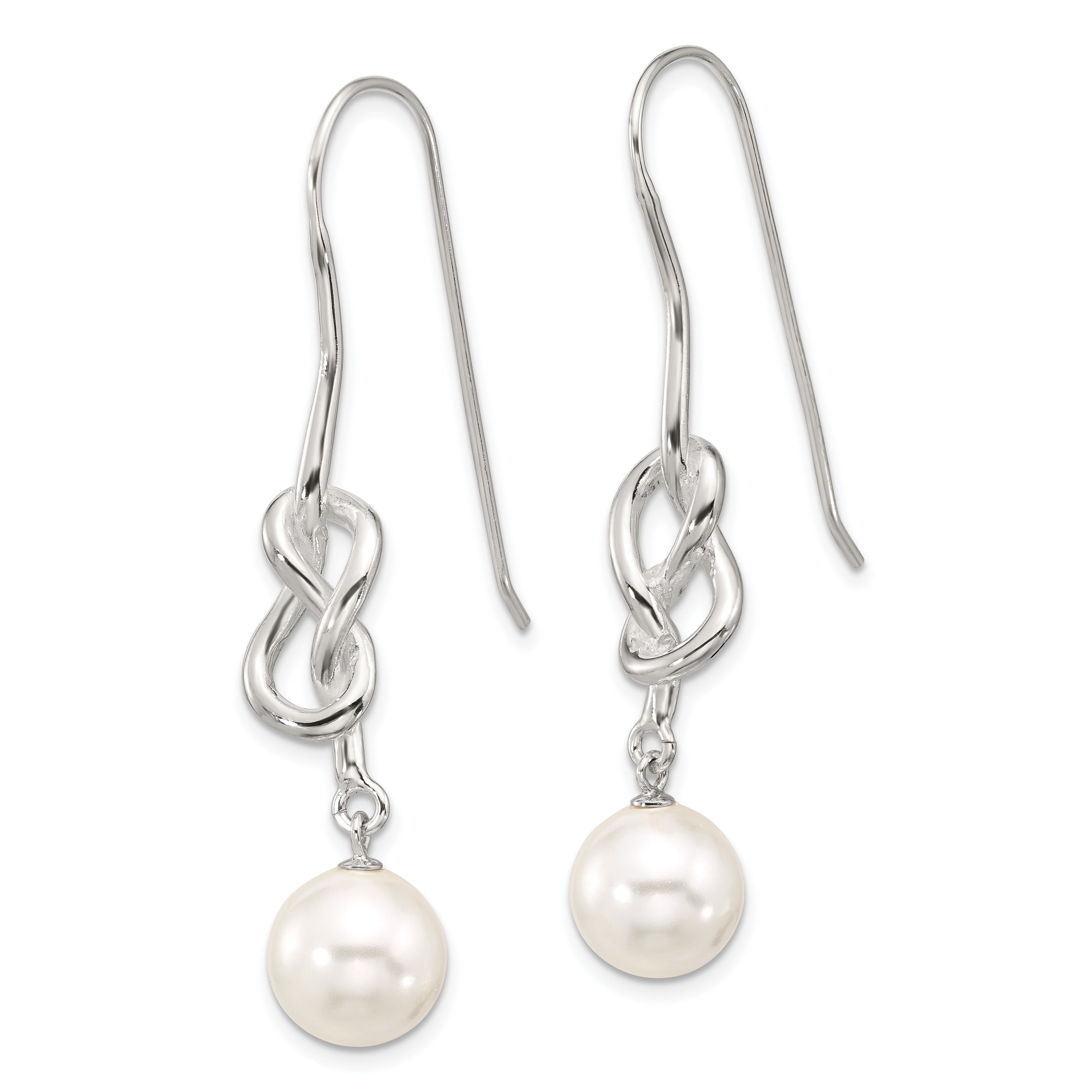 Sterling Silver Polished Knot 10mm Glass Pearl Dangle Earrings Secondary image