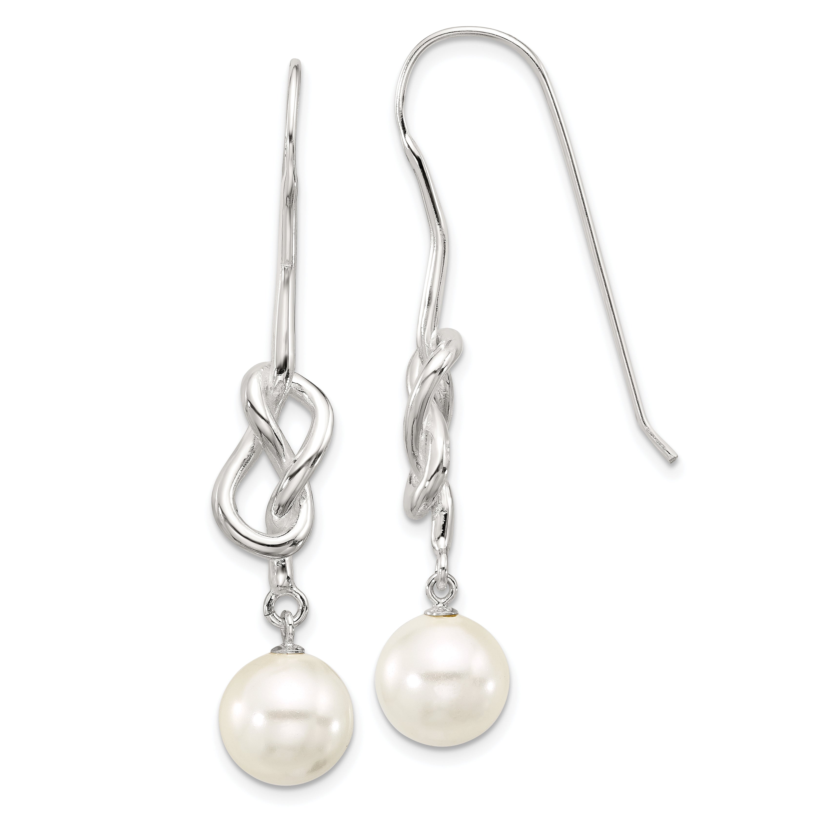 Sterling Silver Polished Knot 10mm Glass Pearl Dangle Earrings Main image