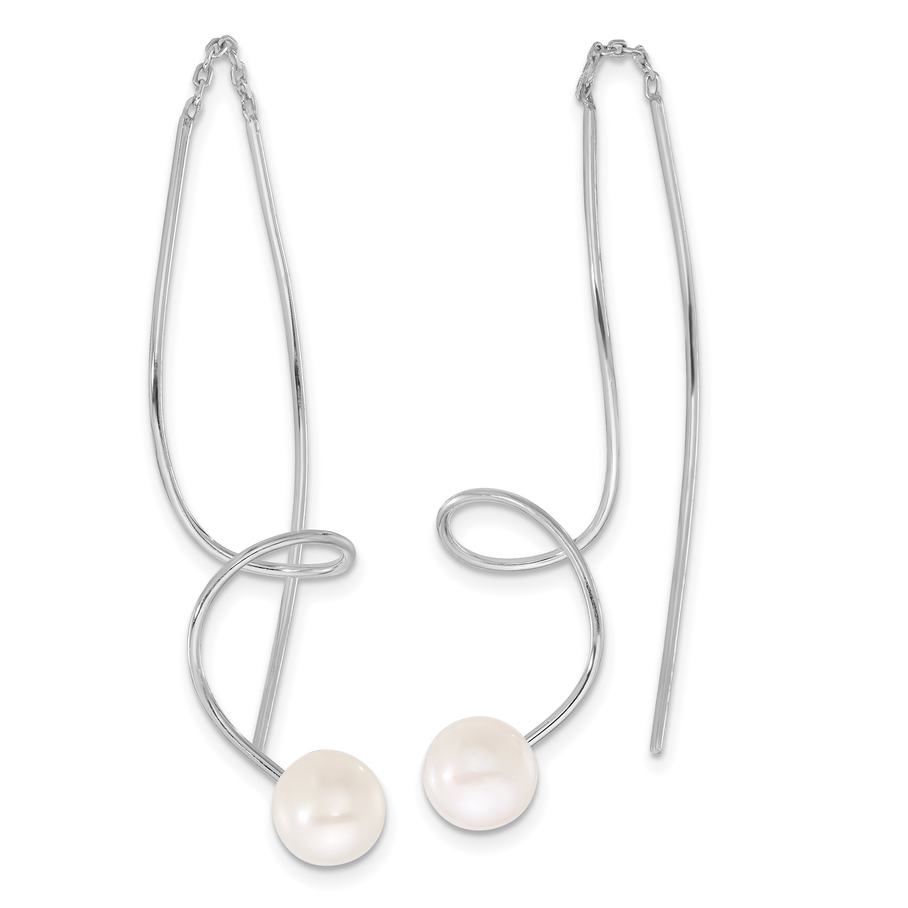 Sterling Silver Rhodium-plated 6-7mm White Button Freshwater Cultured Pearl Twisted Threader Earrings