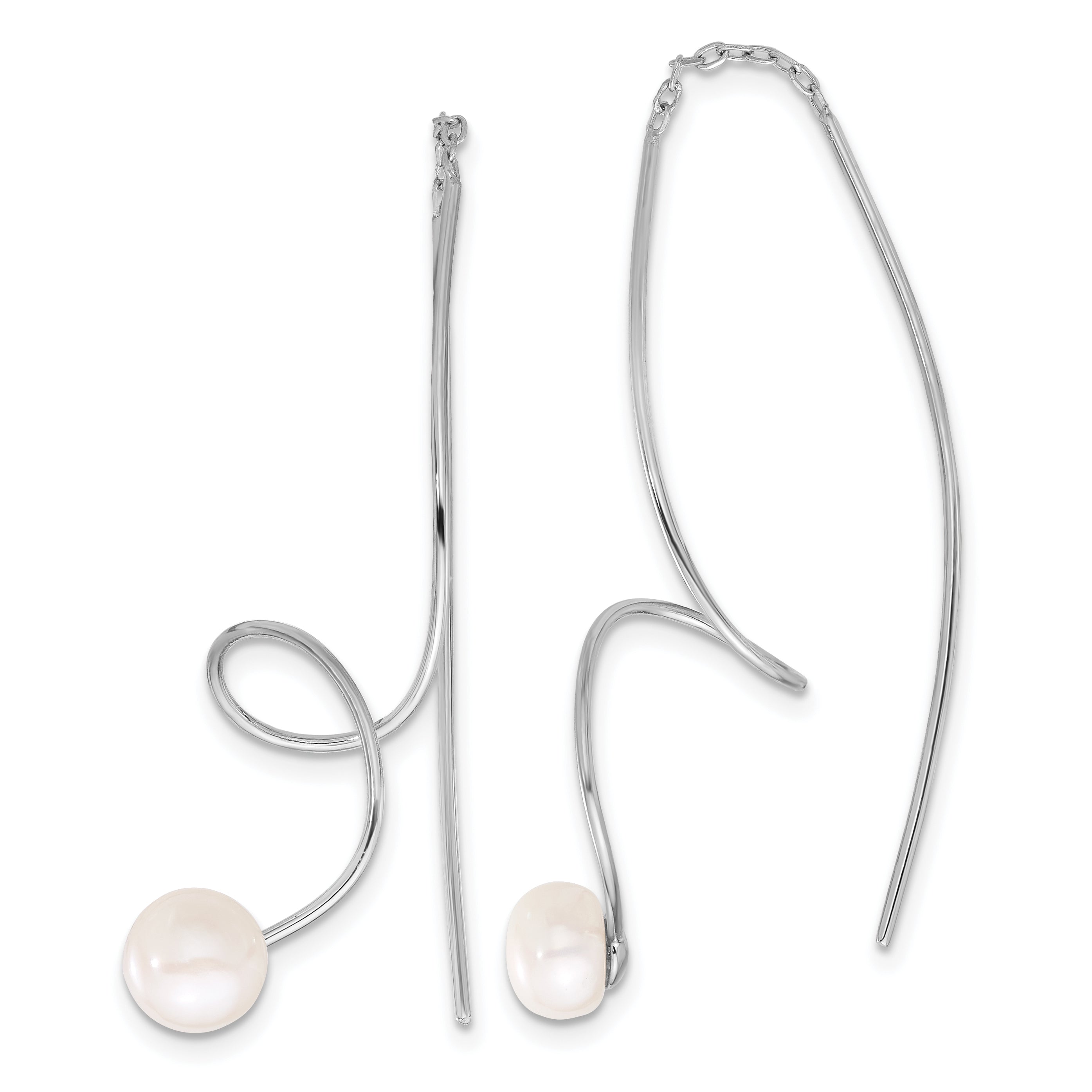 Sterling Silver Rhodium-plated 6-7mm White Button Freshwater Cultured Pearl Twisted Threader Earrings Main image