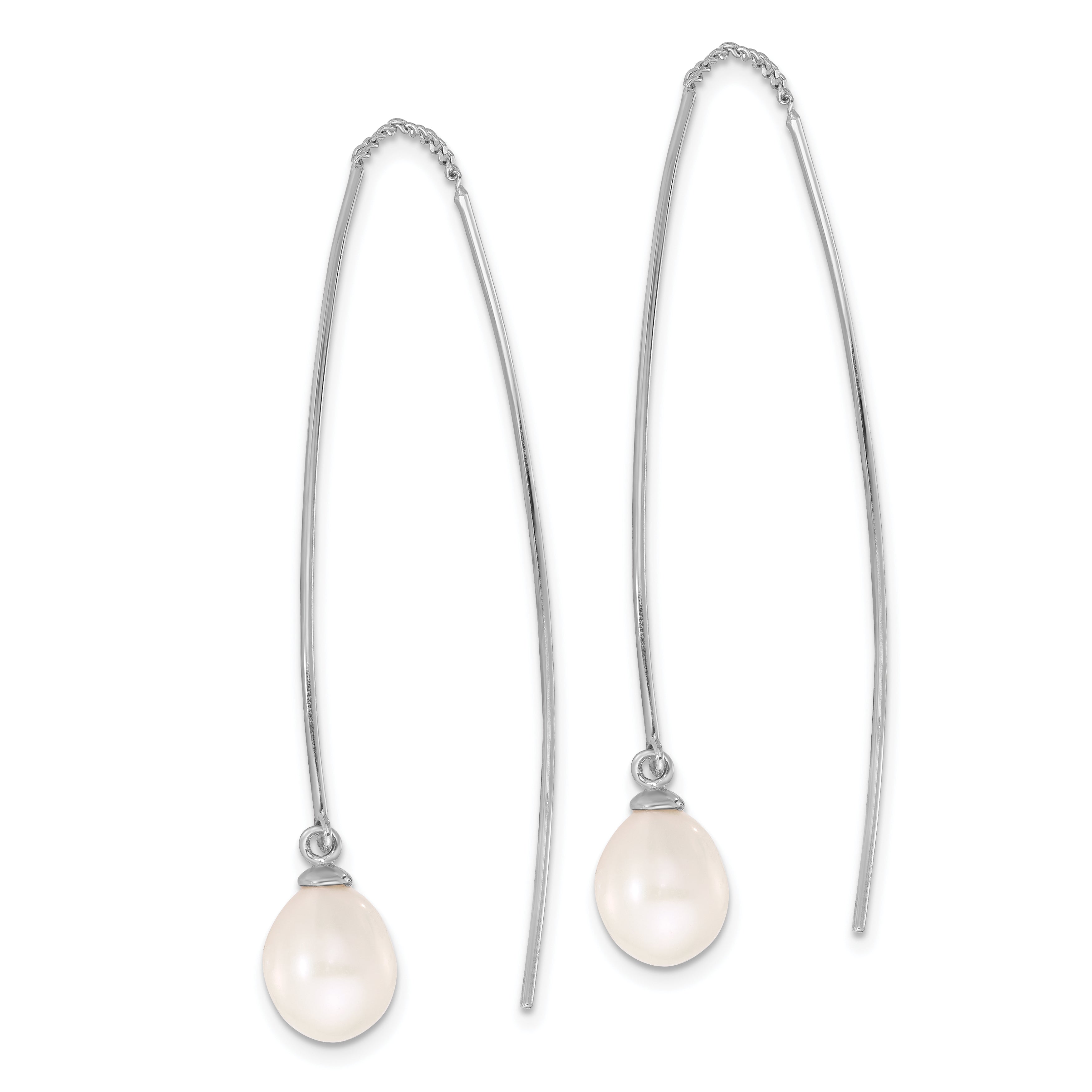 Sterling Silver Rhodium-plated 7-8mm White Teardrop Freshwater Cultured Pearl Threader Earrings