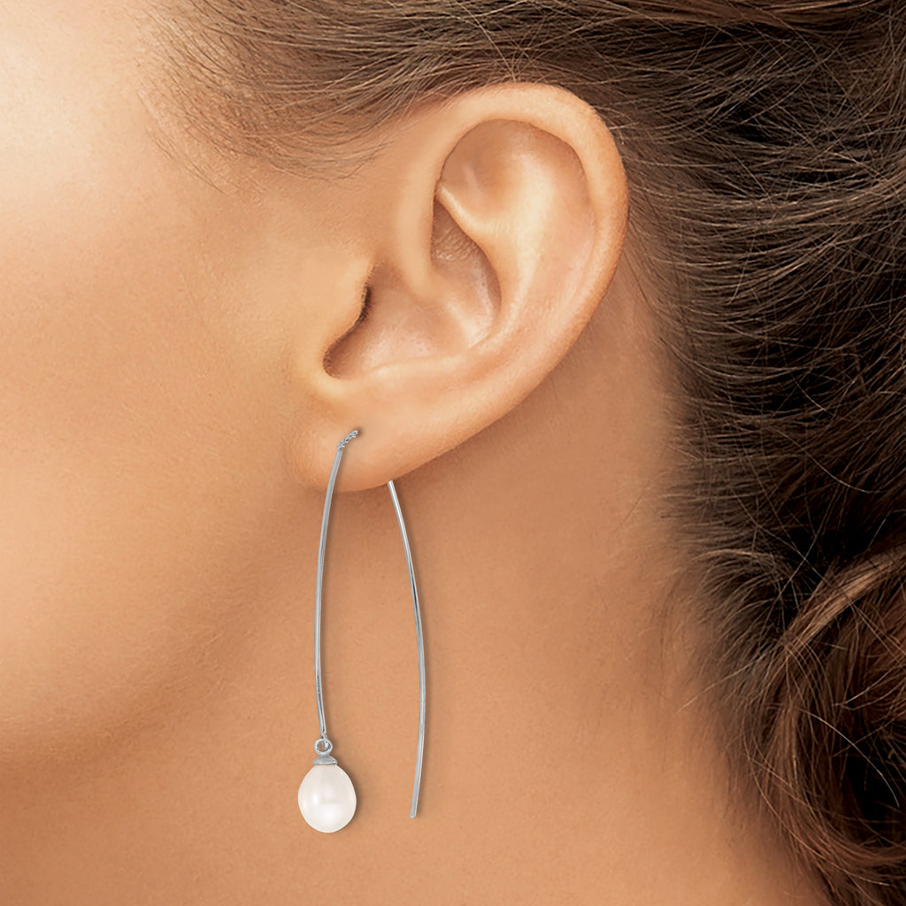Sterling Silver Rhodium-plated 7-8mm White Teardrop Freshwater Cultured Pearl Threader Earrings